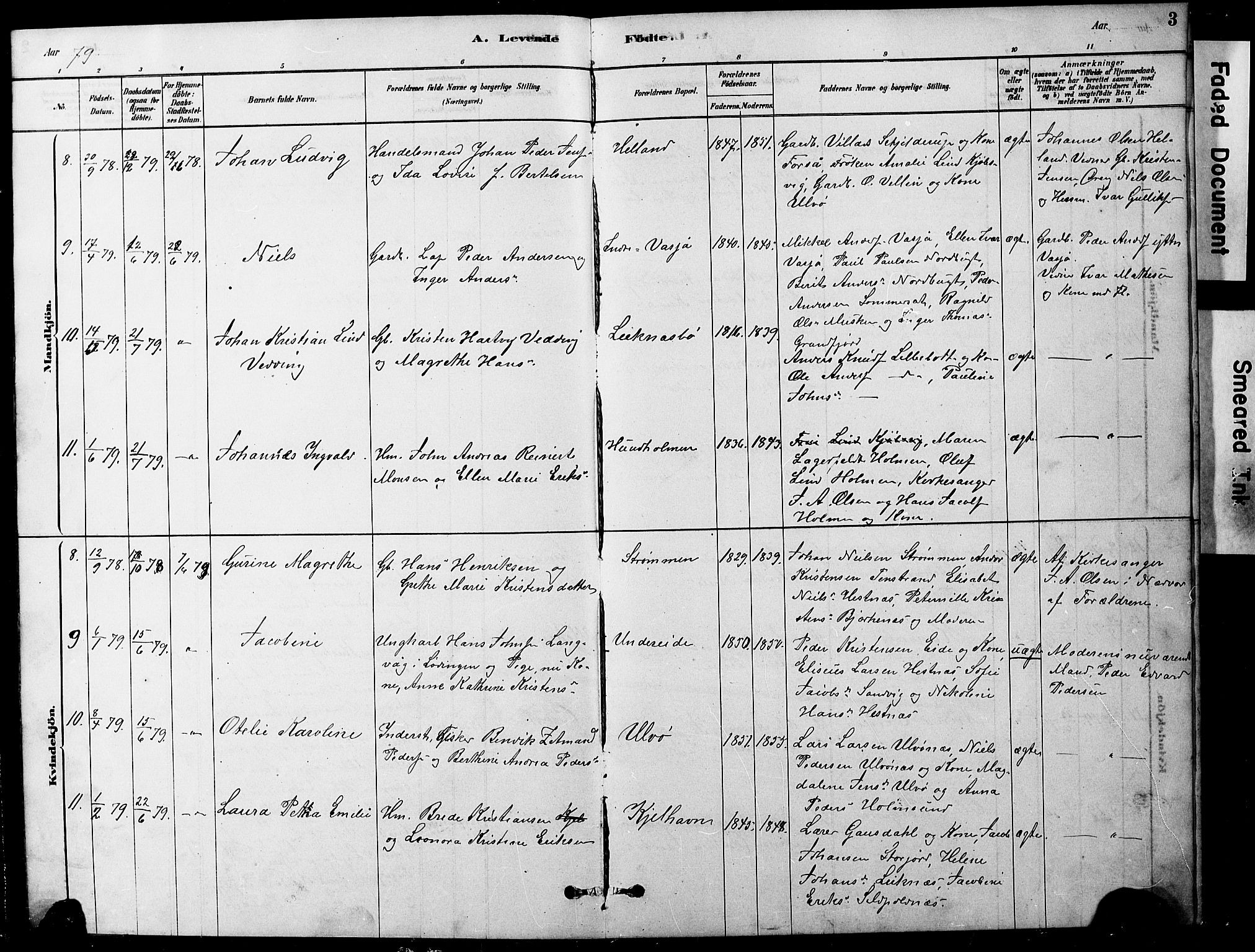 Ministerialprotokoller, klokkerbøker og fødselsregistre - Nordland, AV/SAT-A-1459/861/L0875: Parish register (copy) no. 861C01, 1879-1887, p. 3