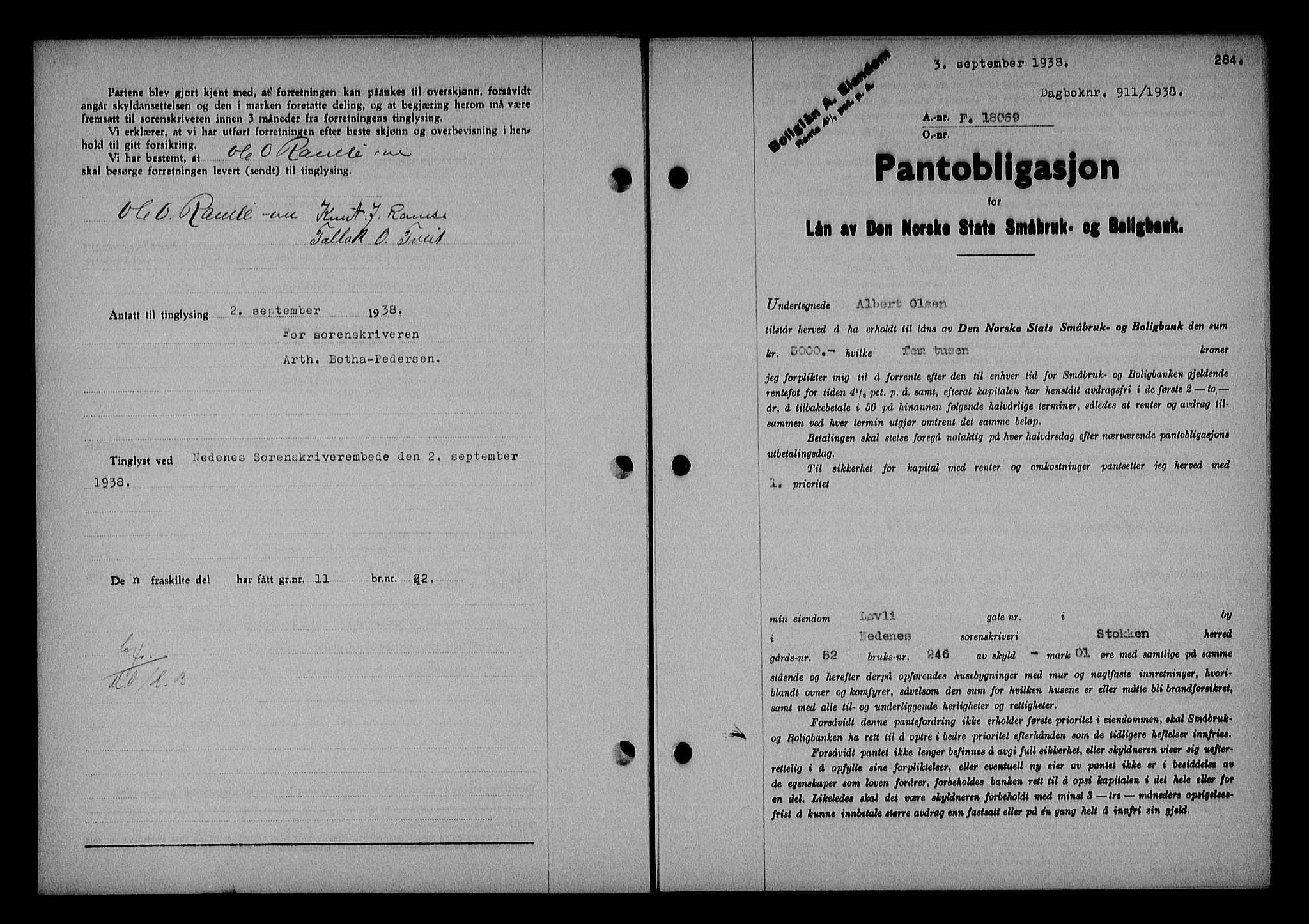 Nedenes sorenskriveri, SAK/1221-0006/G/Gb/Gba/L0045: Mortgage book no. 41, 1938-1938, Diary no: : 911/1938