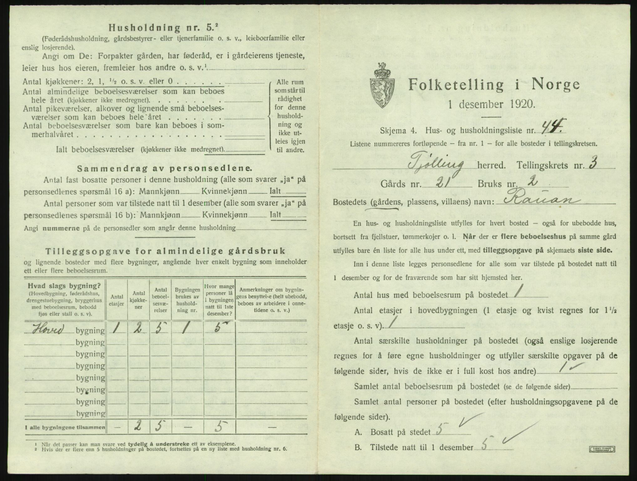 SAKO, 1920 census for Tjølling, 1920, p. 1053