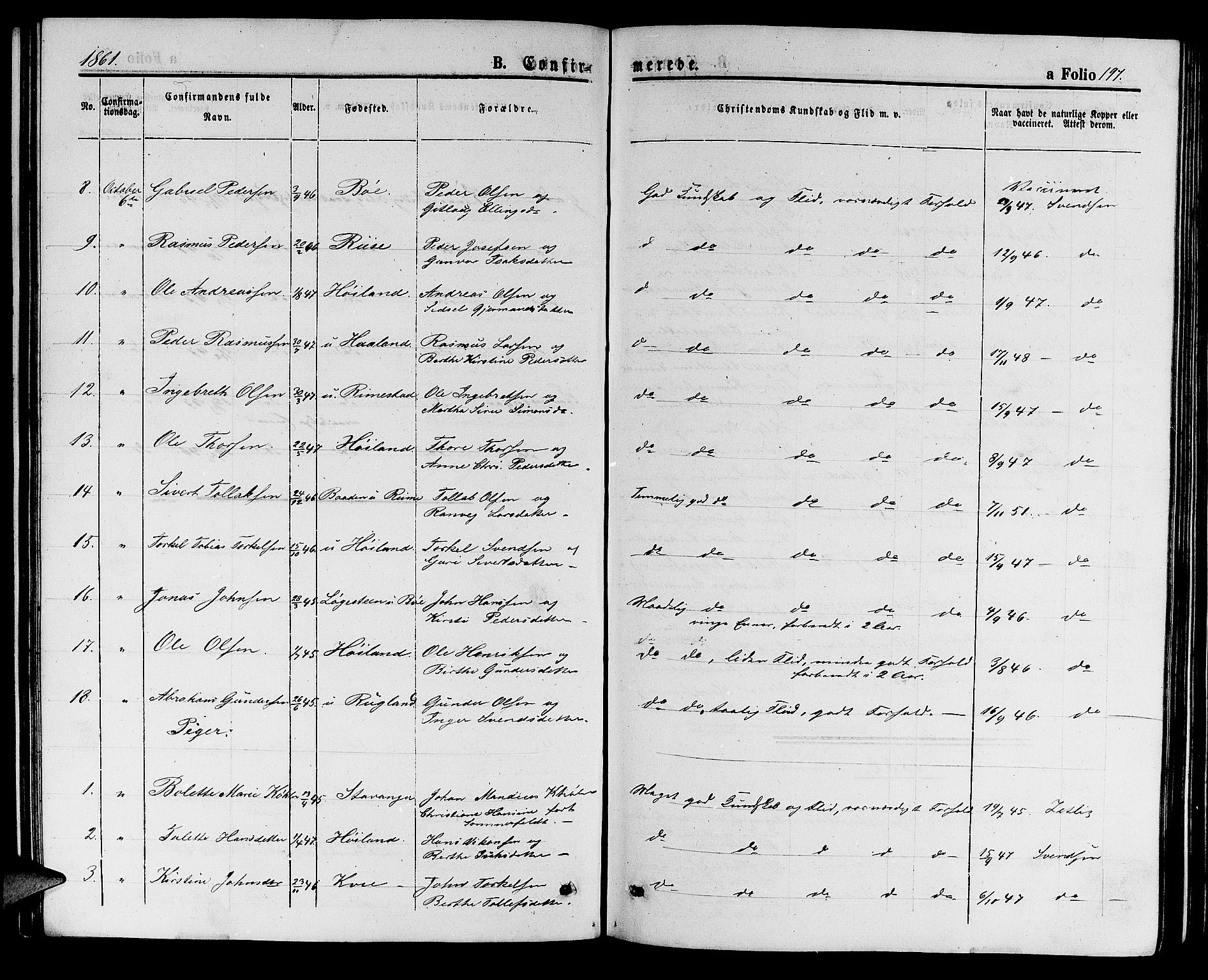 Hå sokneprestkontor, AV/SAST-A-101801/001/30BB/L0001: Parish register (copy) no. B 1, 1854-1883, p. 197