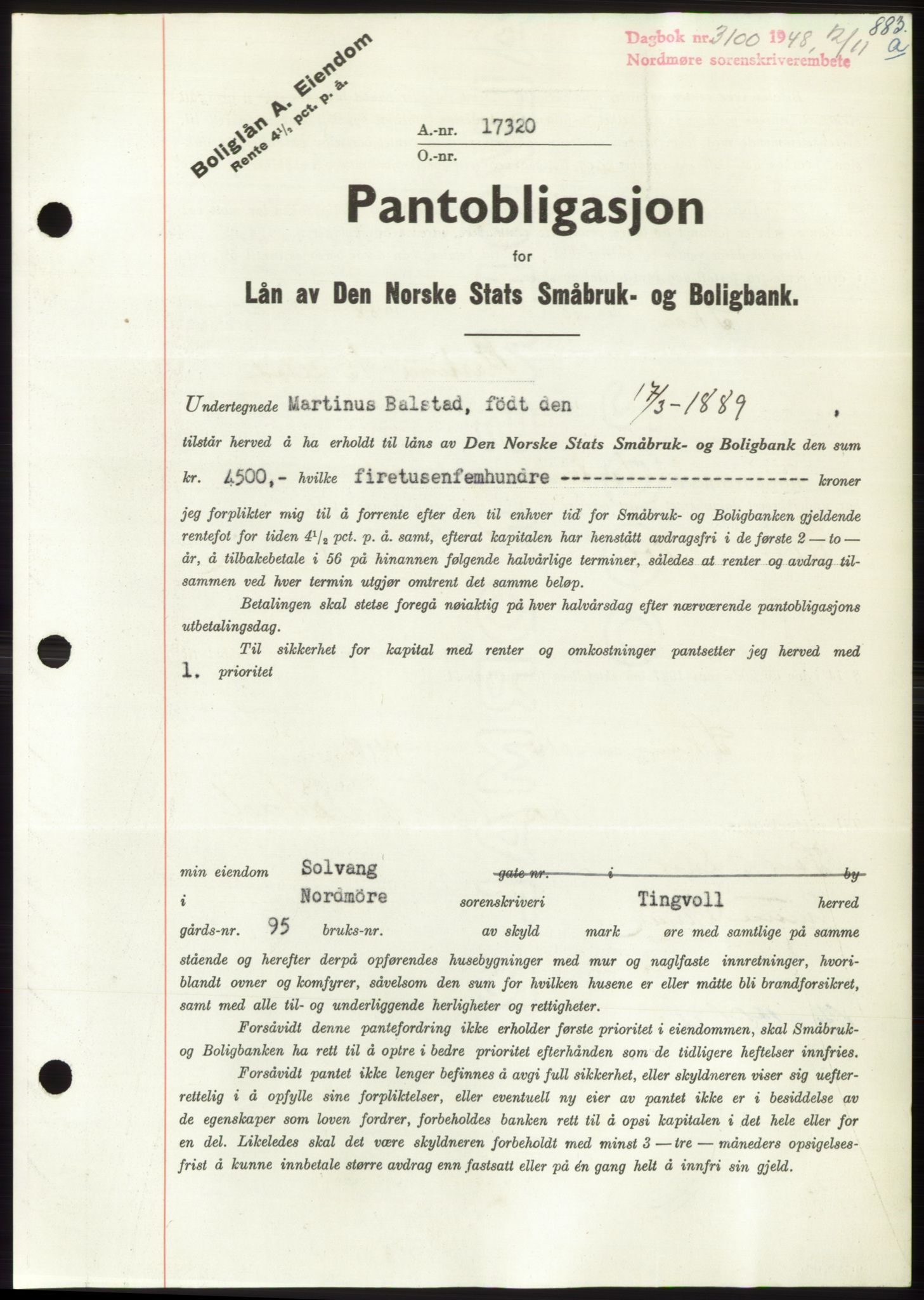 Nordmøre sorenskriveri, AV/SAT-A-4132/1/2/2Ca: Mortgage book no. B99, 1948-1948, Diary no: : 3100/1948