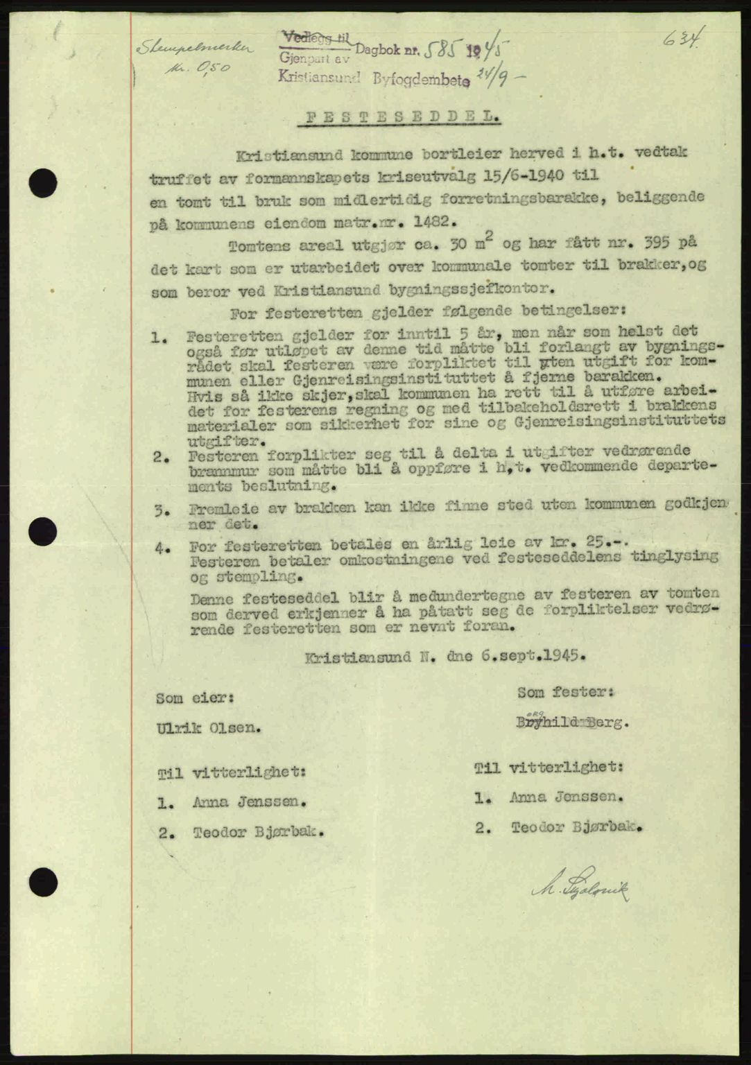 Kristiansund byfogd, SAT/A-4587/A/27: Mortgage book no. 37-38, 1943-1945, Diary no: : 585/1945