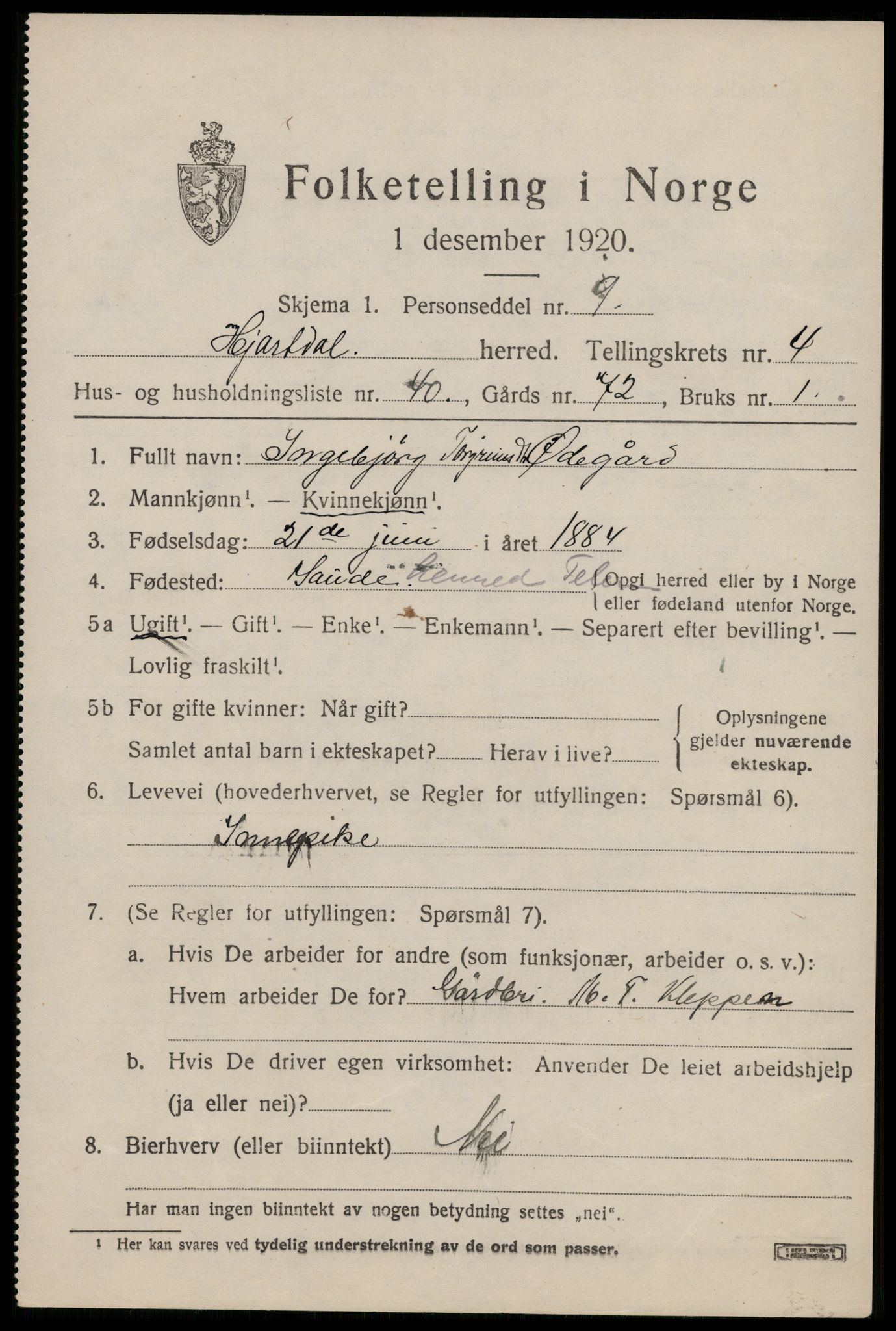 SAKO, 1920 census for Hjartdal, 1920, p. 3208