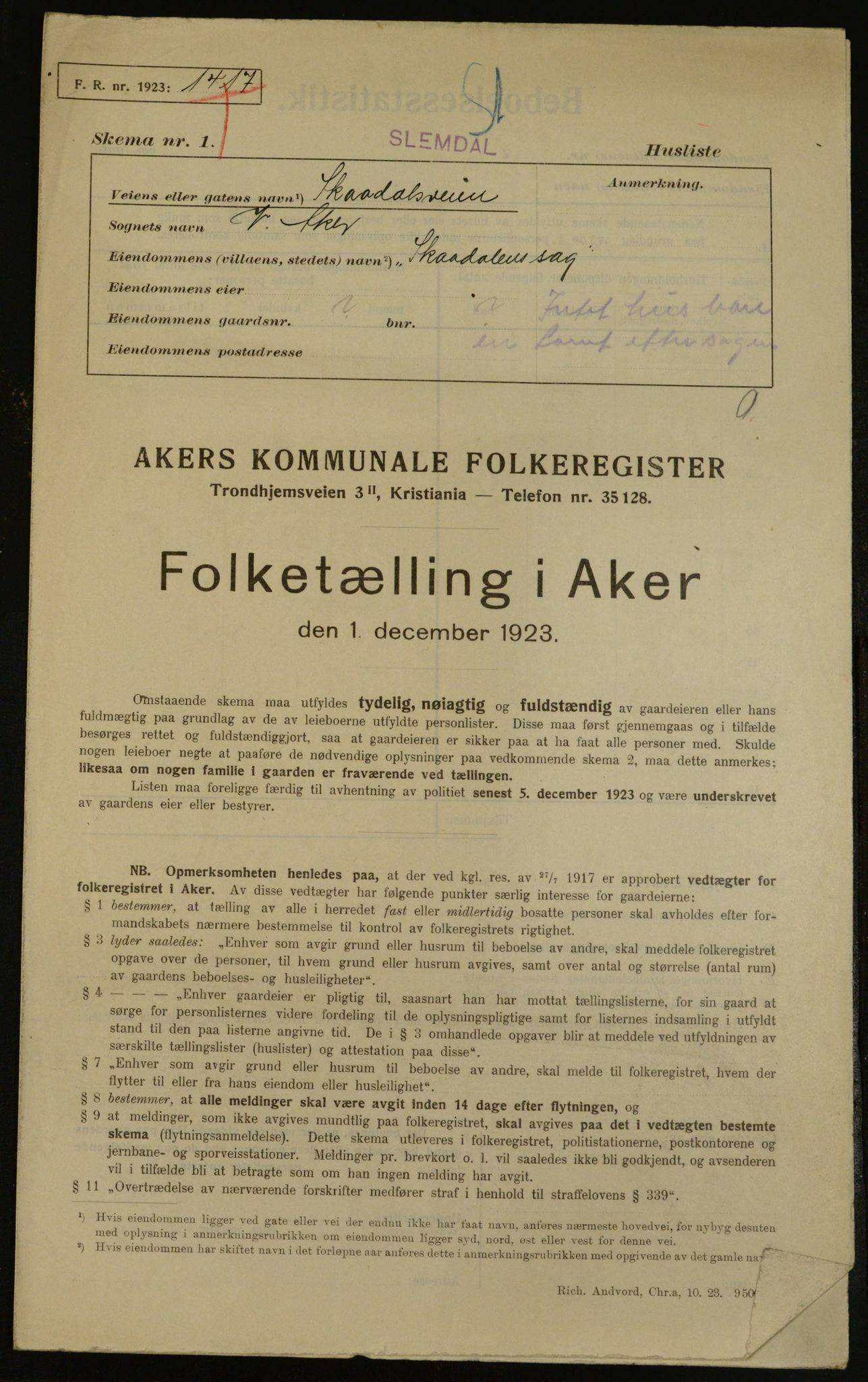 , Municipal Census 1923 for Aker, 1923, p. 16779