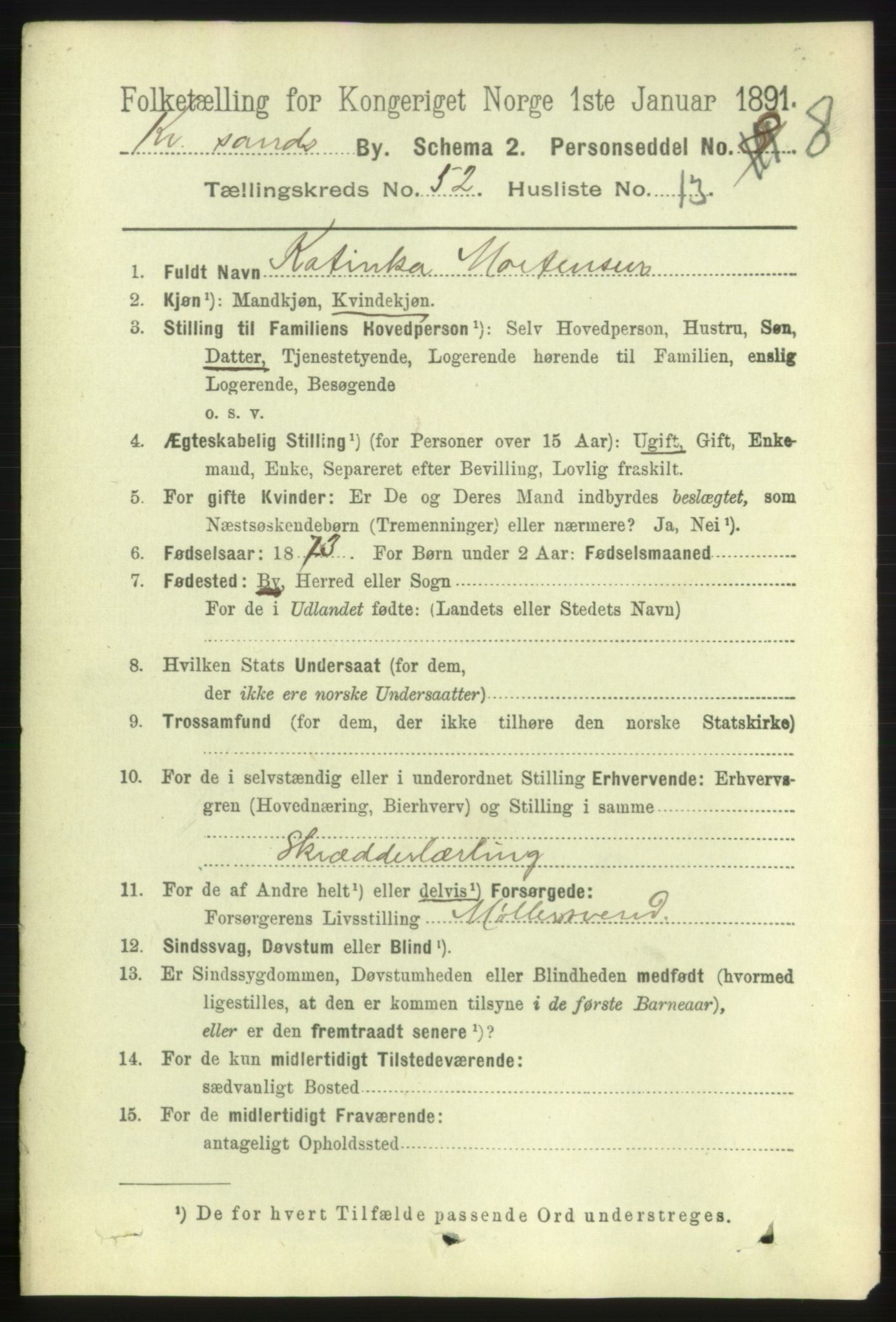 RA, 1891 census for 1001 Kristiansand, 1891, p. 15249