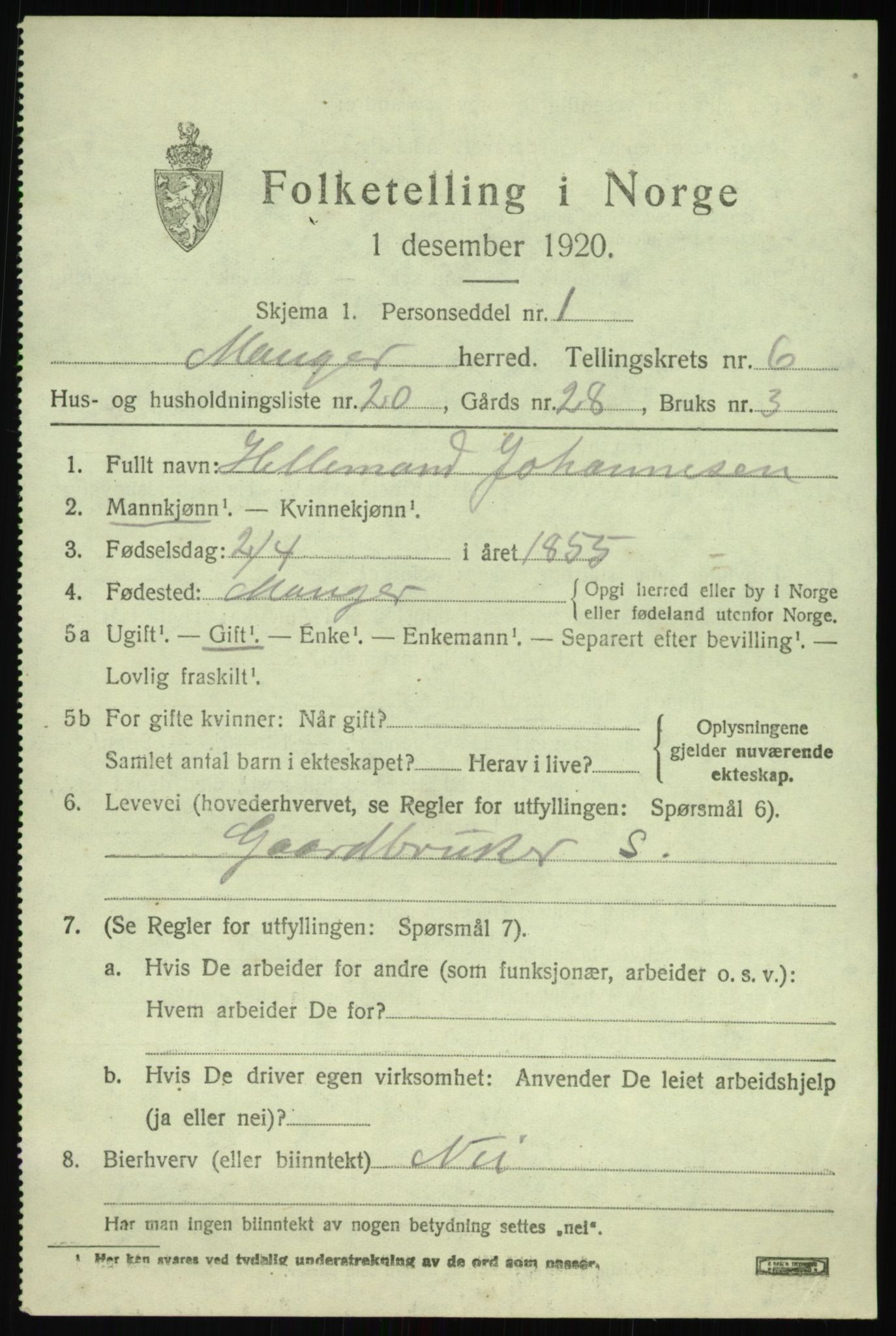 SAB, 1920 census for Manger, 1920, p. 4089