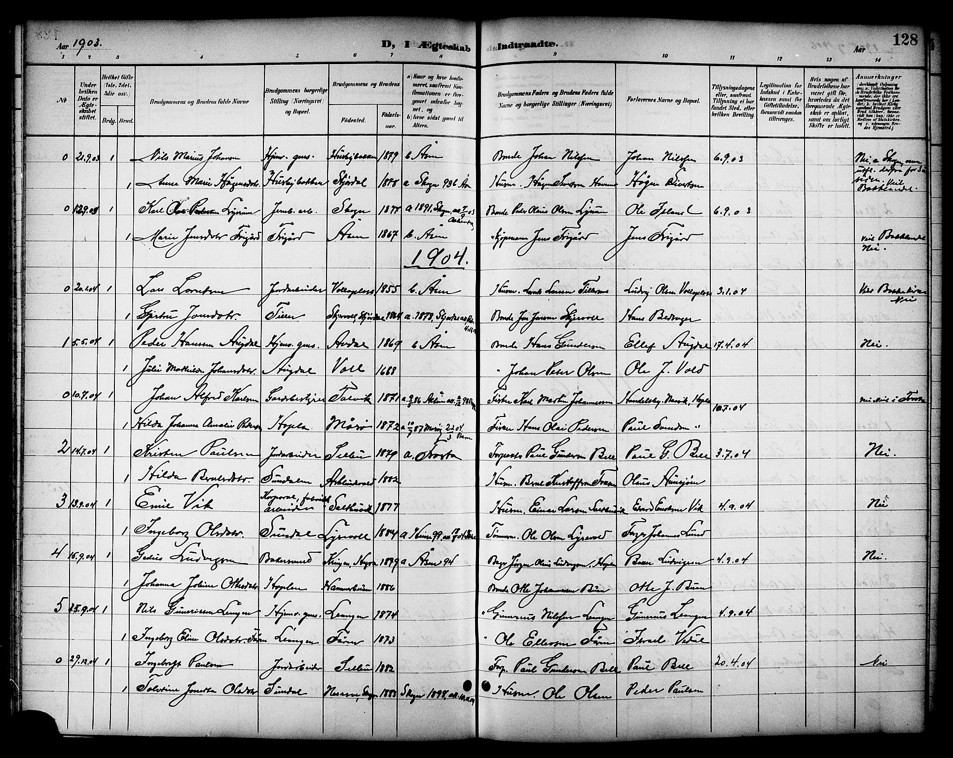 Ministerialprotokoller, klokkerbøker og fødselsregistre - Nord-Trøndelag, SAT/A-1458/714/L0135: Parish register (copy) no. 714C04, 1899-1918, p. 128