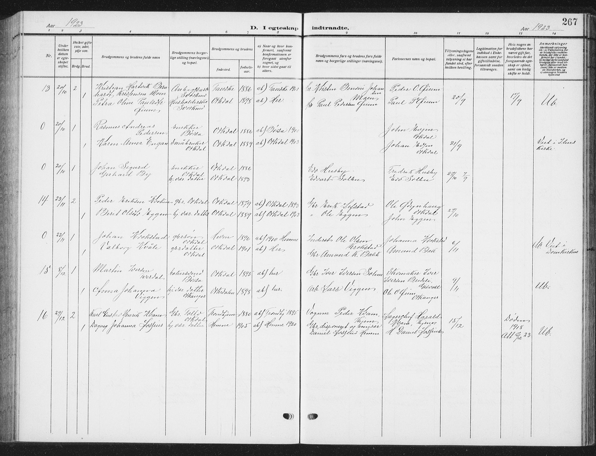 Ministerialprotokoller, klokkerbøker og fødselsregistre - Sør-Trøndelag, SAT/A-1456/668/L0820: Parish register (copy) no. 668C09, 1912-1936, p. 267