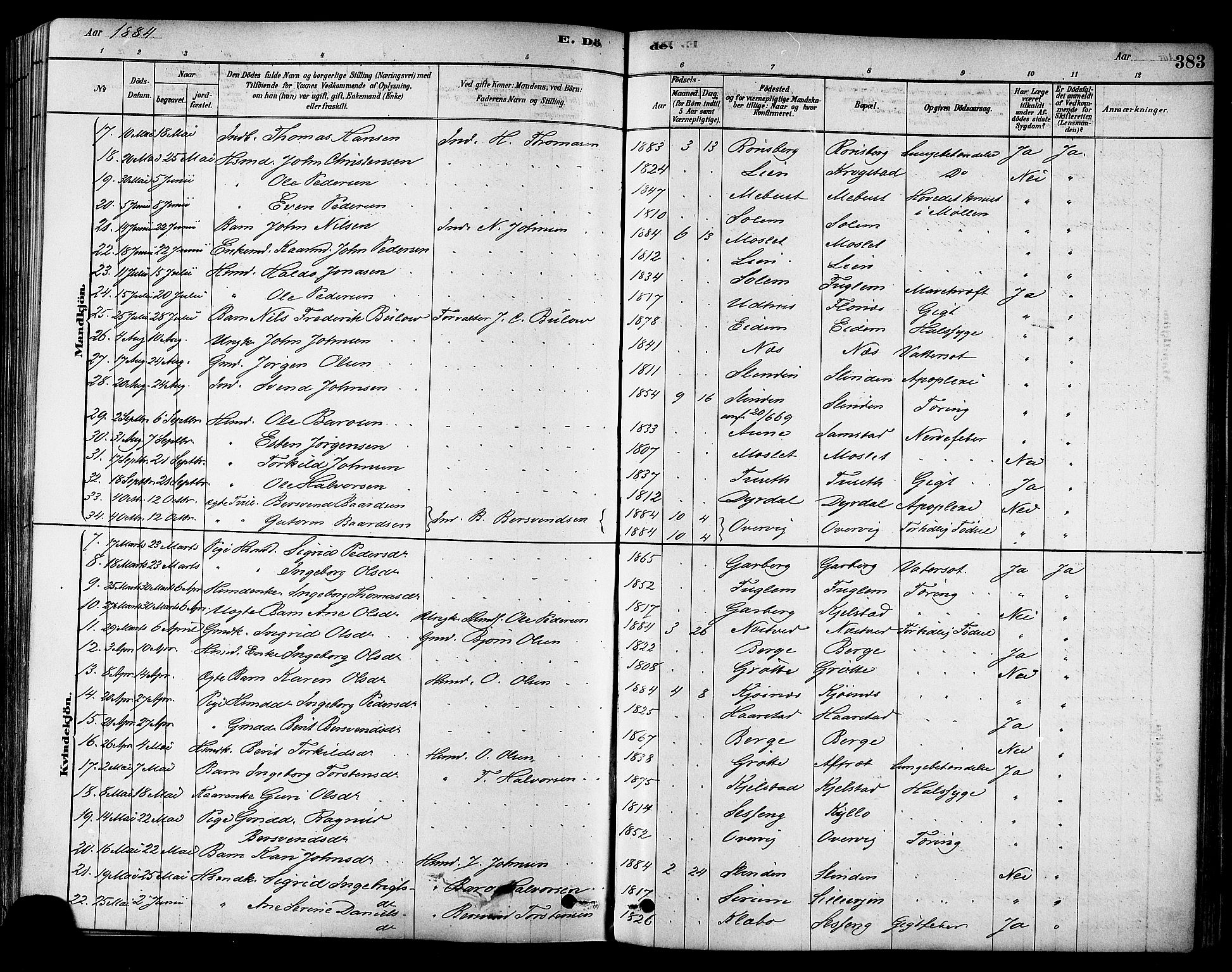 Ministerialprotokoller, klokkerbøker og fødselsregistre - Sør-Trøndelag, SAT/A-1456/695/L1148: Parish register (official) no. 695A08, 1878-1891, p. 383