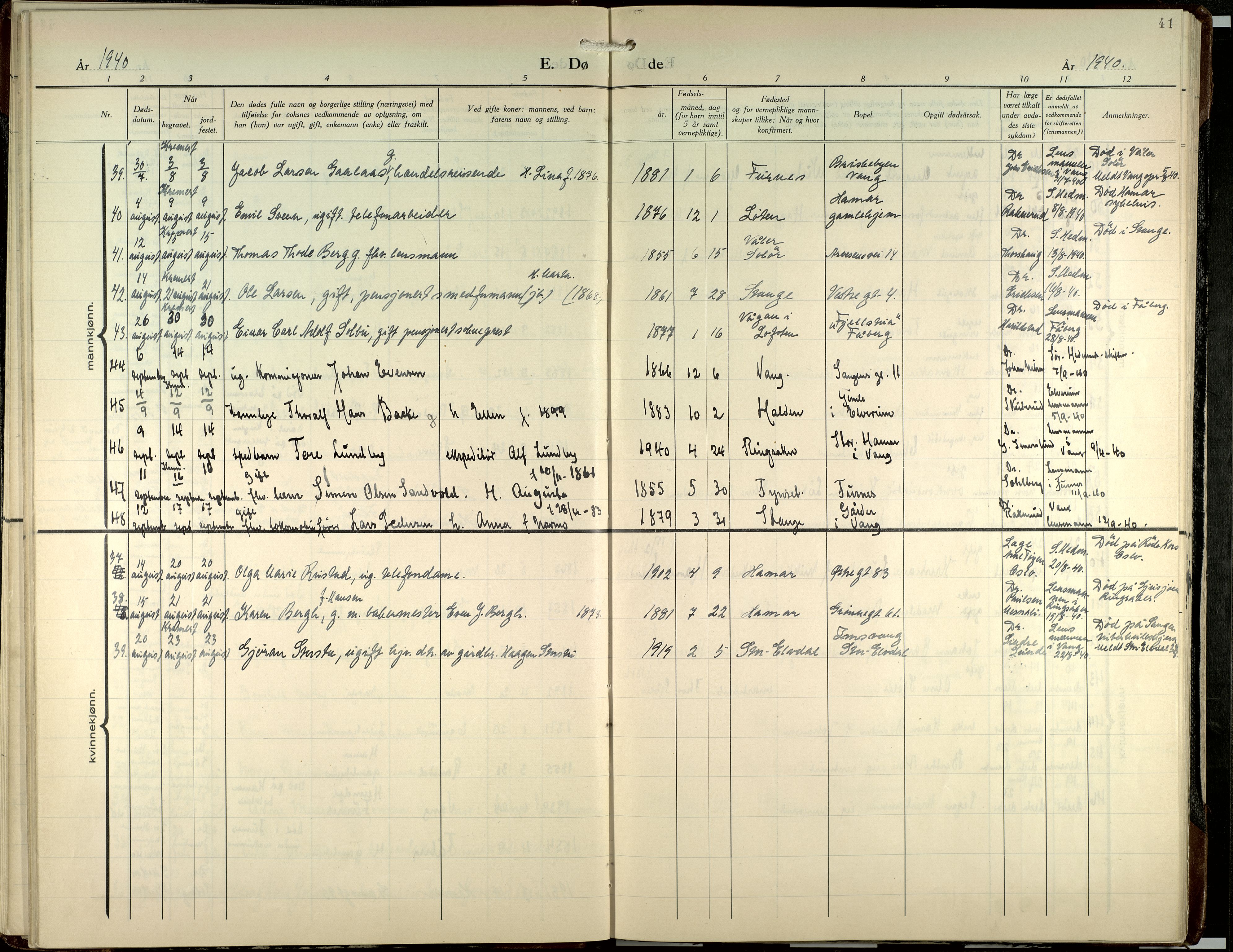 Hamar prestekontor, AV/SAH-DOMPH-002/H/Ha/Haa/L0007: Parish register (official) no. 7, 1933-1953, p. 41