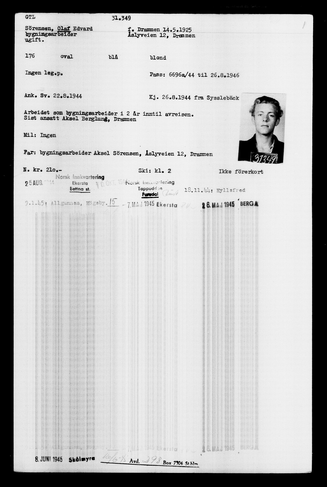 Utenriksstasjonene, Legasjonen i Stockholm, Flyktningkontoret, AV/RA-S-6753/V/Va/L0012: Kjesäterkartoteket, flyktninger med registreringsnr. 28300-31566, 1940-1945, p. 3302