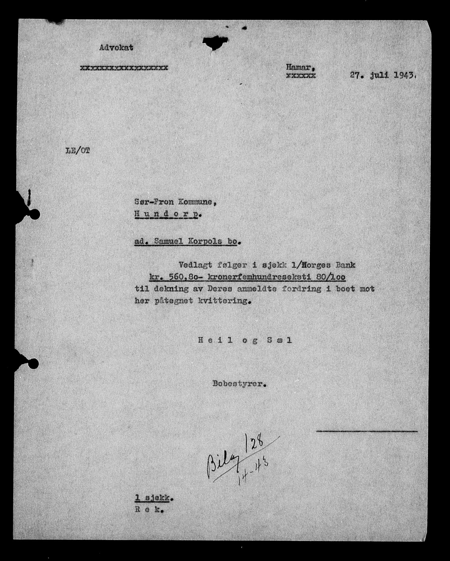 Justisdepartementet, Tilbakeføringskontoret for inndratte formuer, AV/RA-S-1564/H/Hc/Hcc/L0949: --, 1945-1947, p. 557