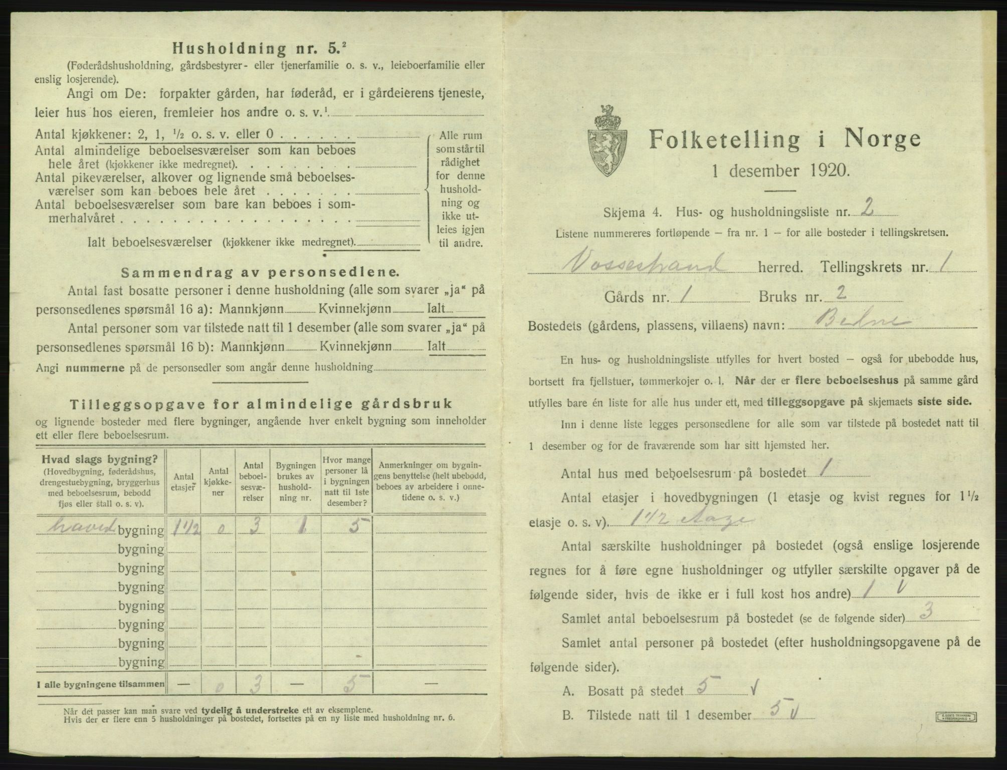 SAB, 1920 census for Vossestrand, 1920, p. 40
