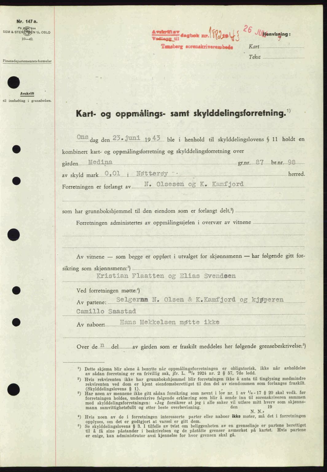 Tønsberg sorenskriveri, AV/SAKO-A-130/G/Ga/Gaa/L0013: Mortgage book no. A13, 1943-1943, Diary no: : 1882/1943