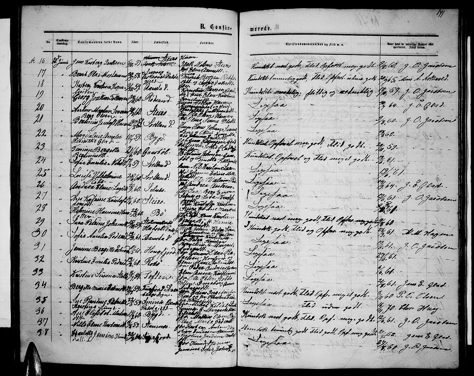 Ministerialprotokoller, klokkerbøker og fødselsregistre - Nordland, AV/SAT-A-1459/895/L1381: Parish register (copy) no. 895C03, 1864-1885, p. 141