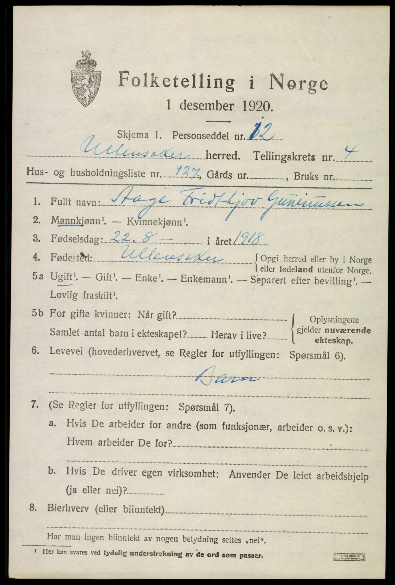 SAO, 1920 census for Ullensaker, 1920, p. 8829