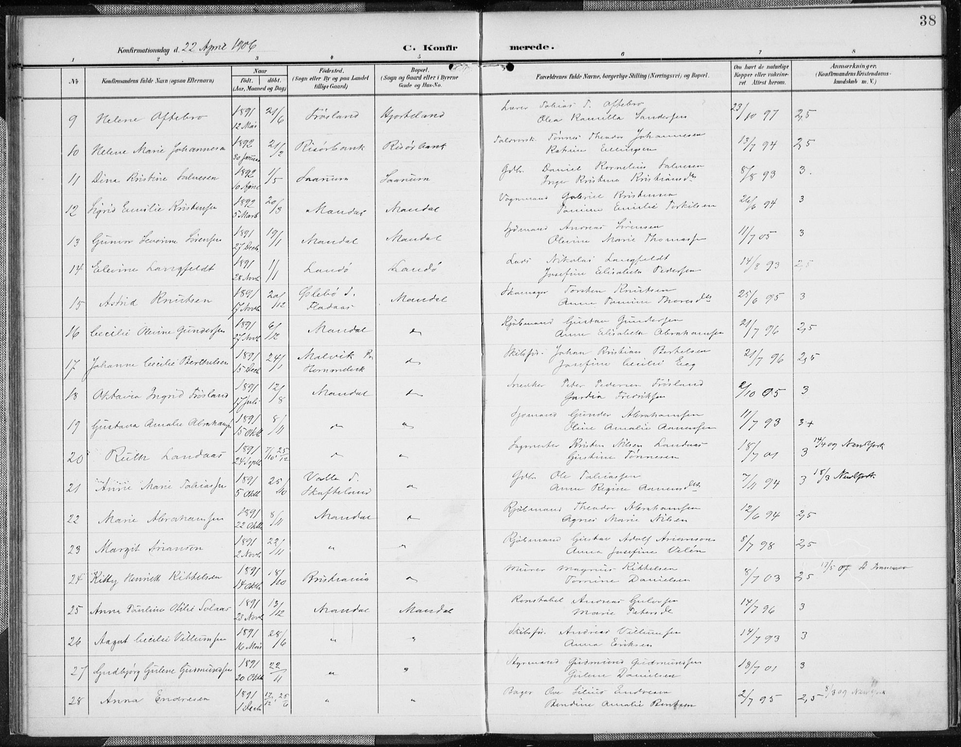 Mandal sokneprestkontor, AV/SAK-1111-0030/F/Fa/Faa/L0019: Parish register (official) no. A 19, 1902-1912, p. 38
