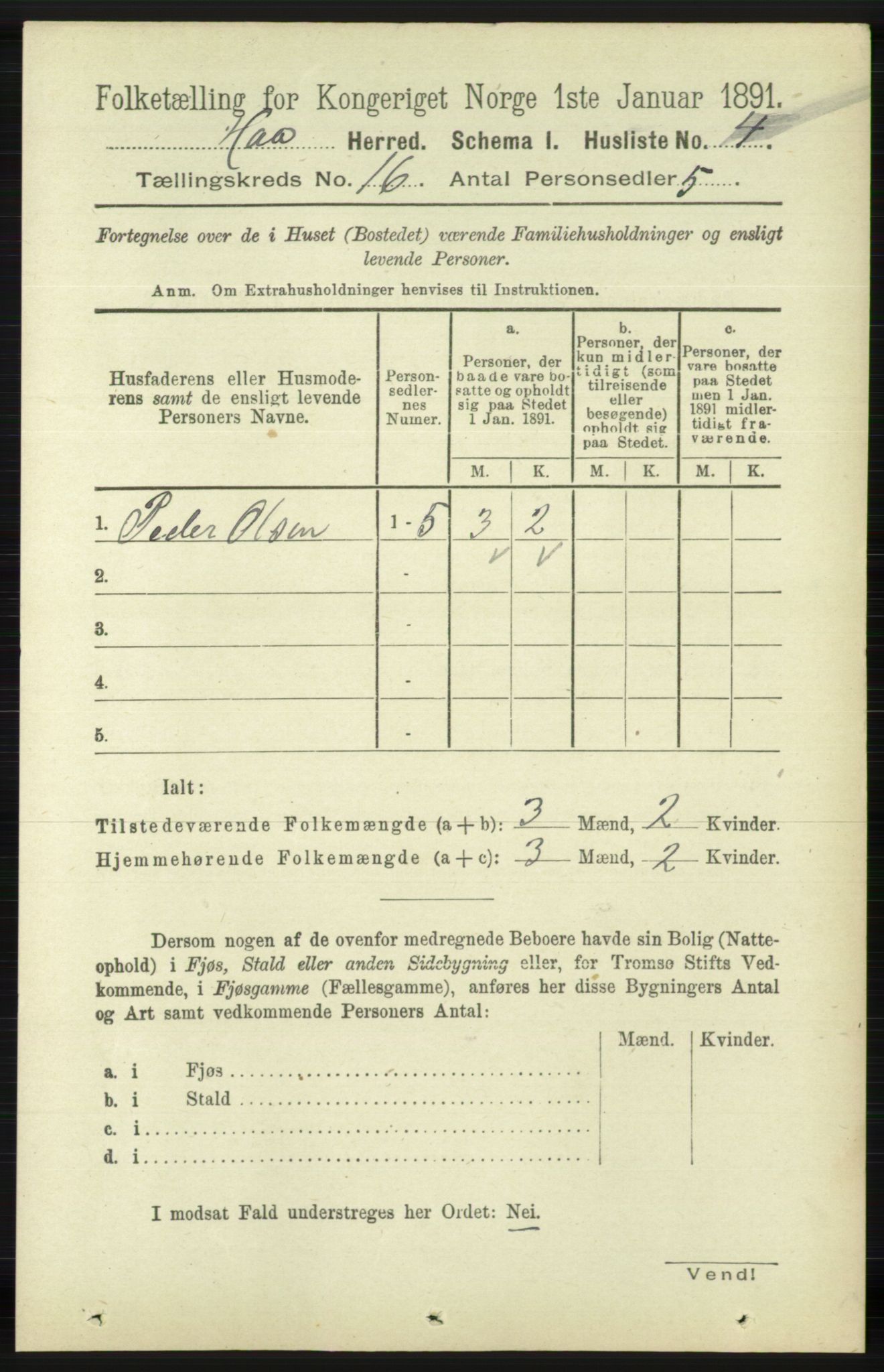 RA, 1891 census for 1119 Hå, 1891, p. 3993