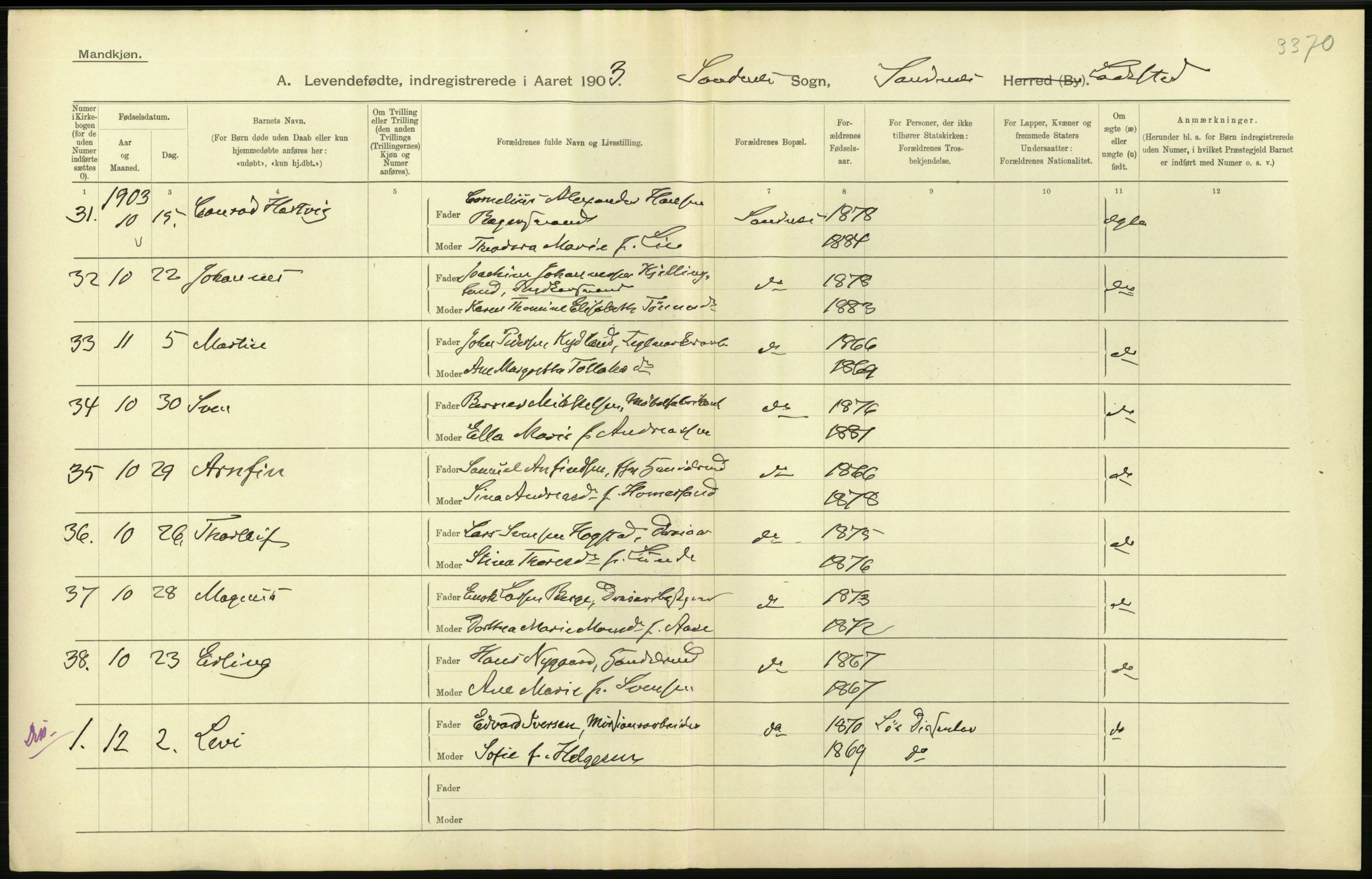 Statistisk sentralbyrå, Sosiodemografiske emner, Befolkning, AV/RA-S-2228/D/Df/Dfa/Dfaa/L0012: Stavanger amt: Fødte, gifte, døde, 1903, p. 320