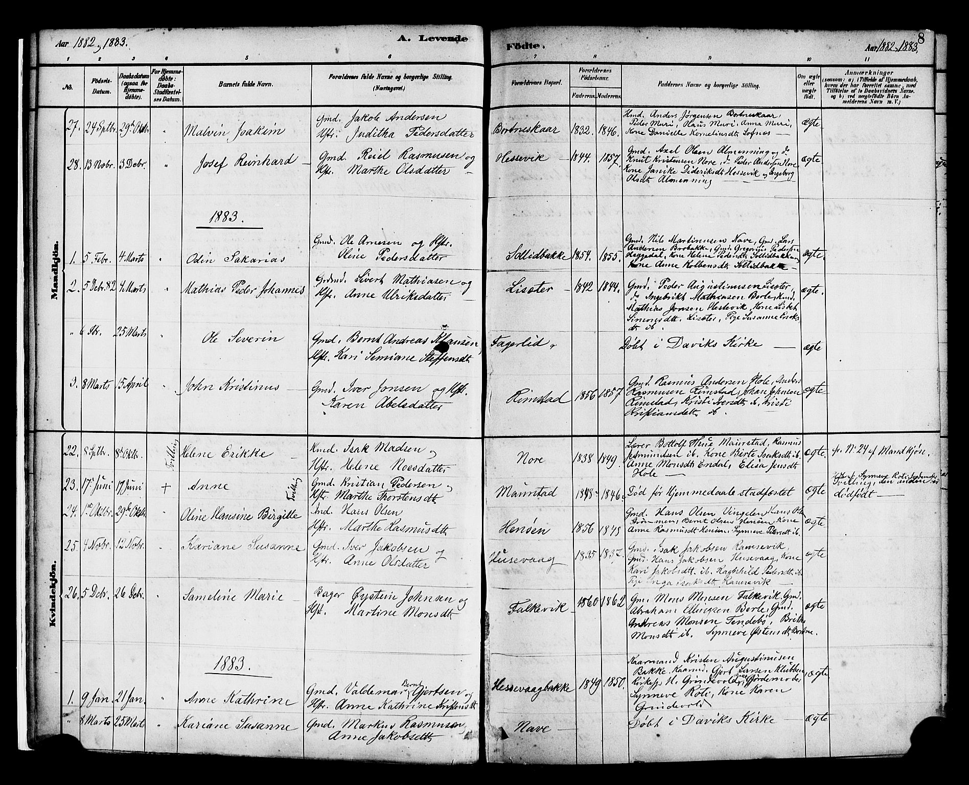 Davik sokneprestembete, SAB/A-79701/H/Haa/Haad/L0001: Parish register (official) no. D 1, 1882-1900, p. 8