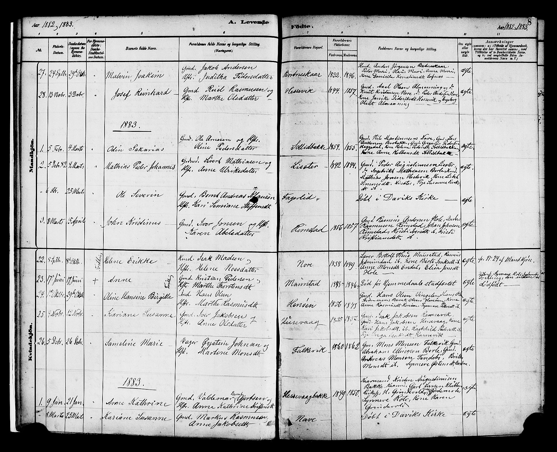 Davik sokneprestembete, AV/SAB-A-79701/H/Haa/Haad/L0001: Parish register (official) no. D 1, 1882-1900, p. 8