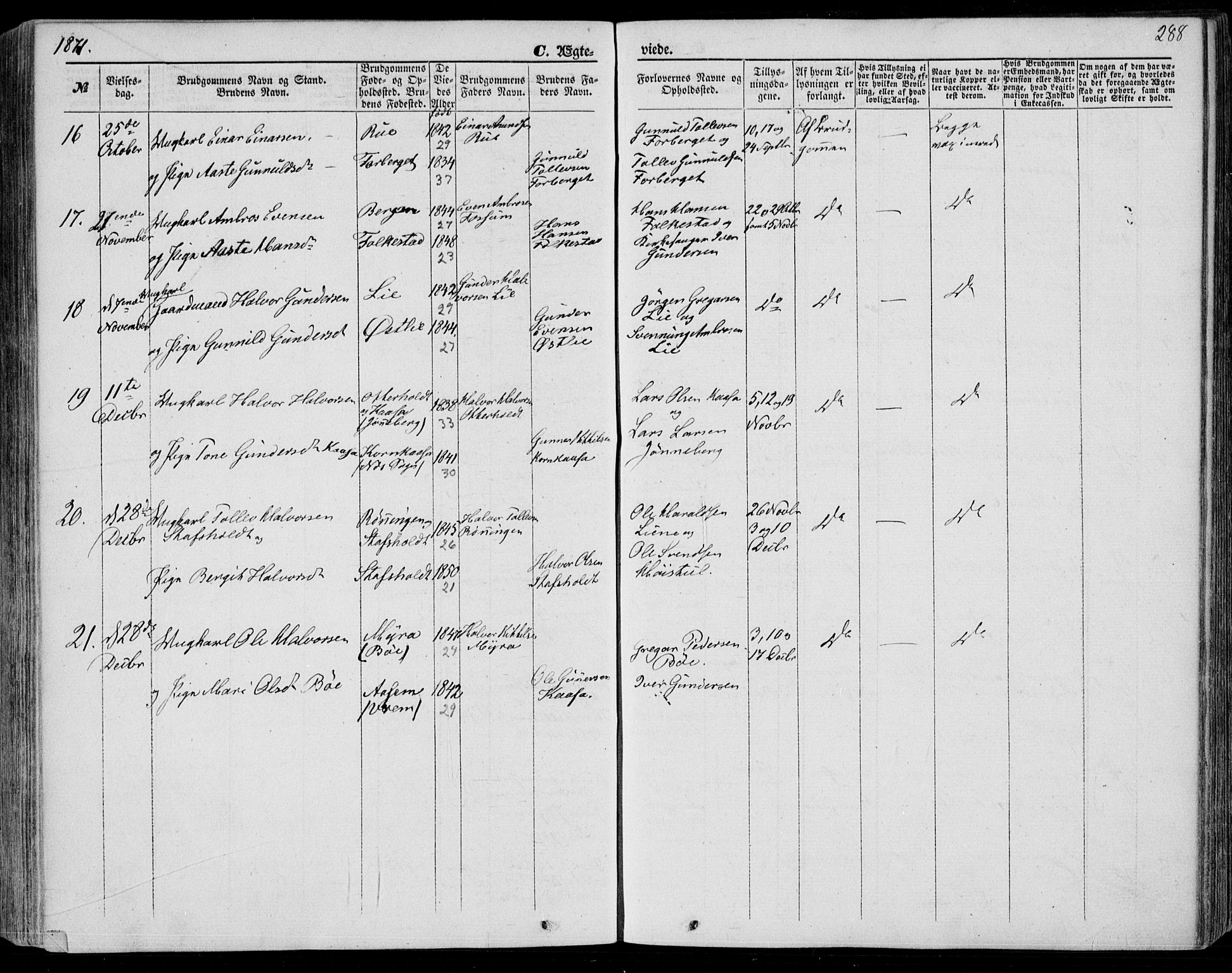 Bø kirkebøker, SAKO/A-257/F/Fa/L0009: Parish register (official) no. 9, 1862-1879, p. 288
