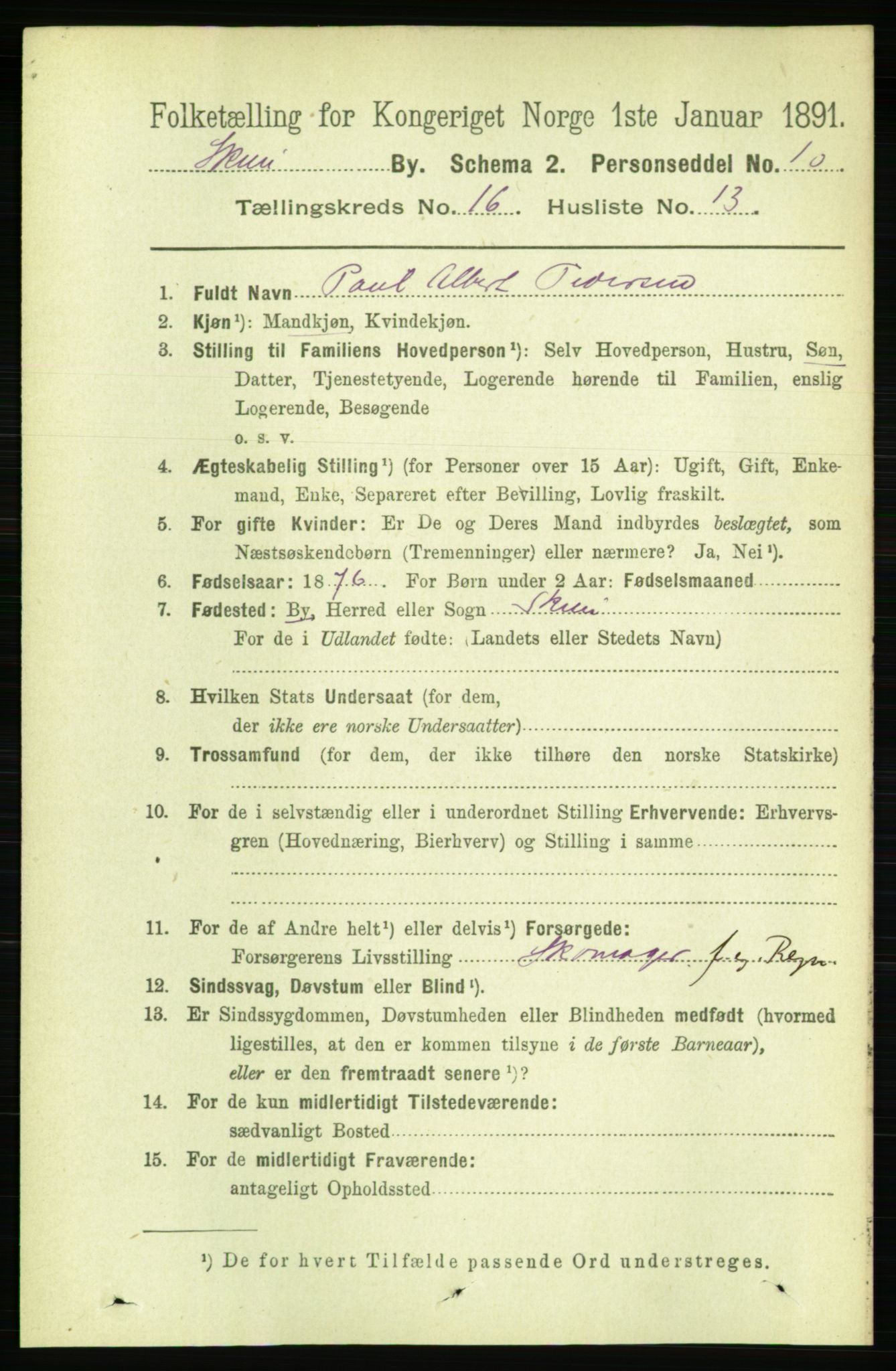 RA, 1891 census for 0806 Skien, 1891, p. 4654