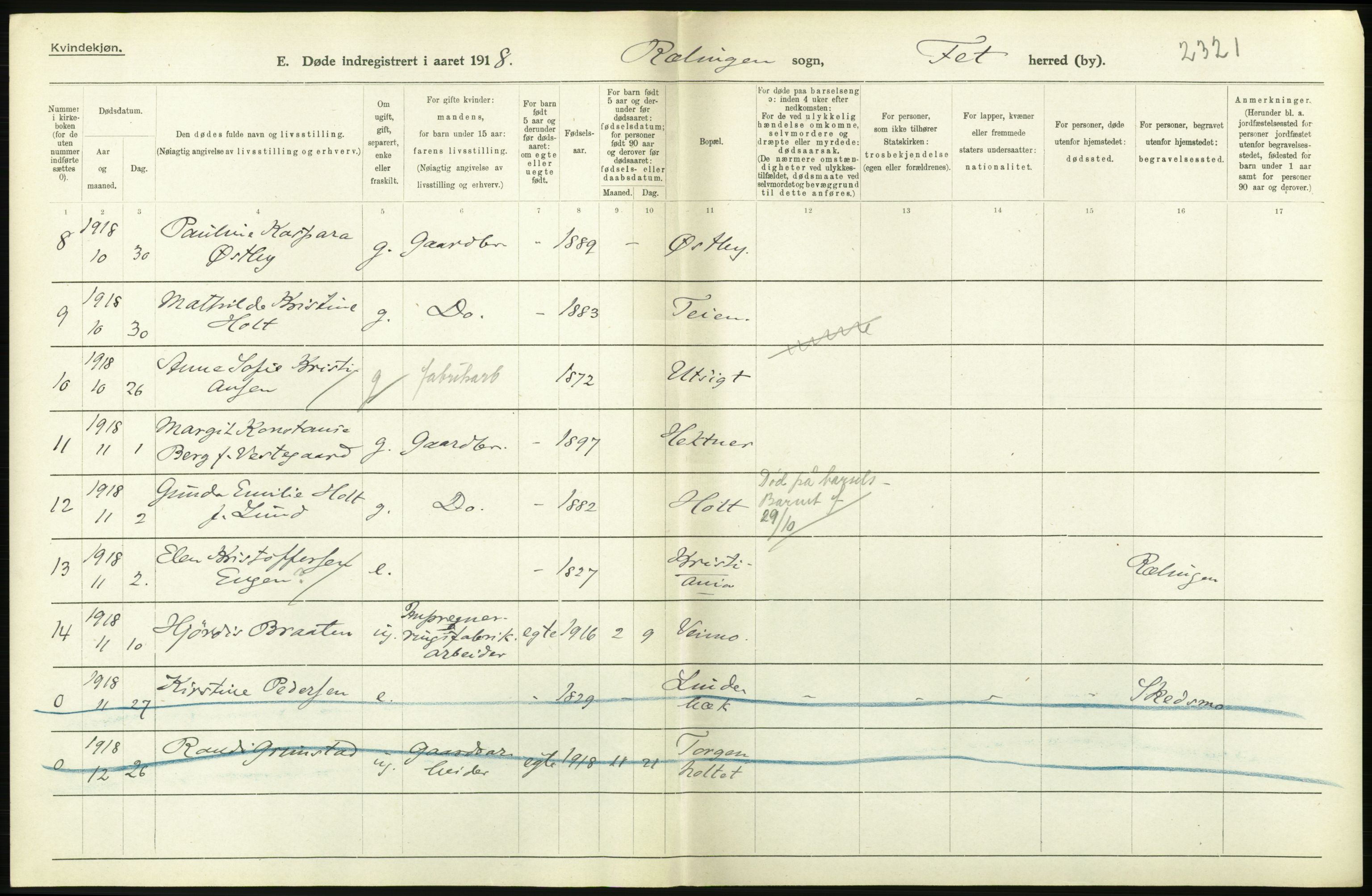 Statistisk sentralbyrå, Sosiodemografiske emner, Befolkning, AV/RA-S-2228/D/Df/Dfb/Dfbh/L0006: Akershus fylke: Døde. Bygder og byer., 1918, p. 558