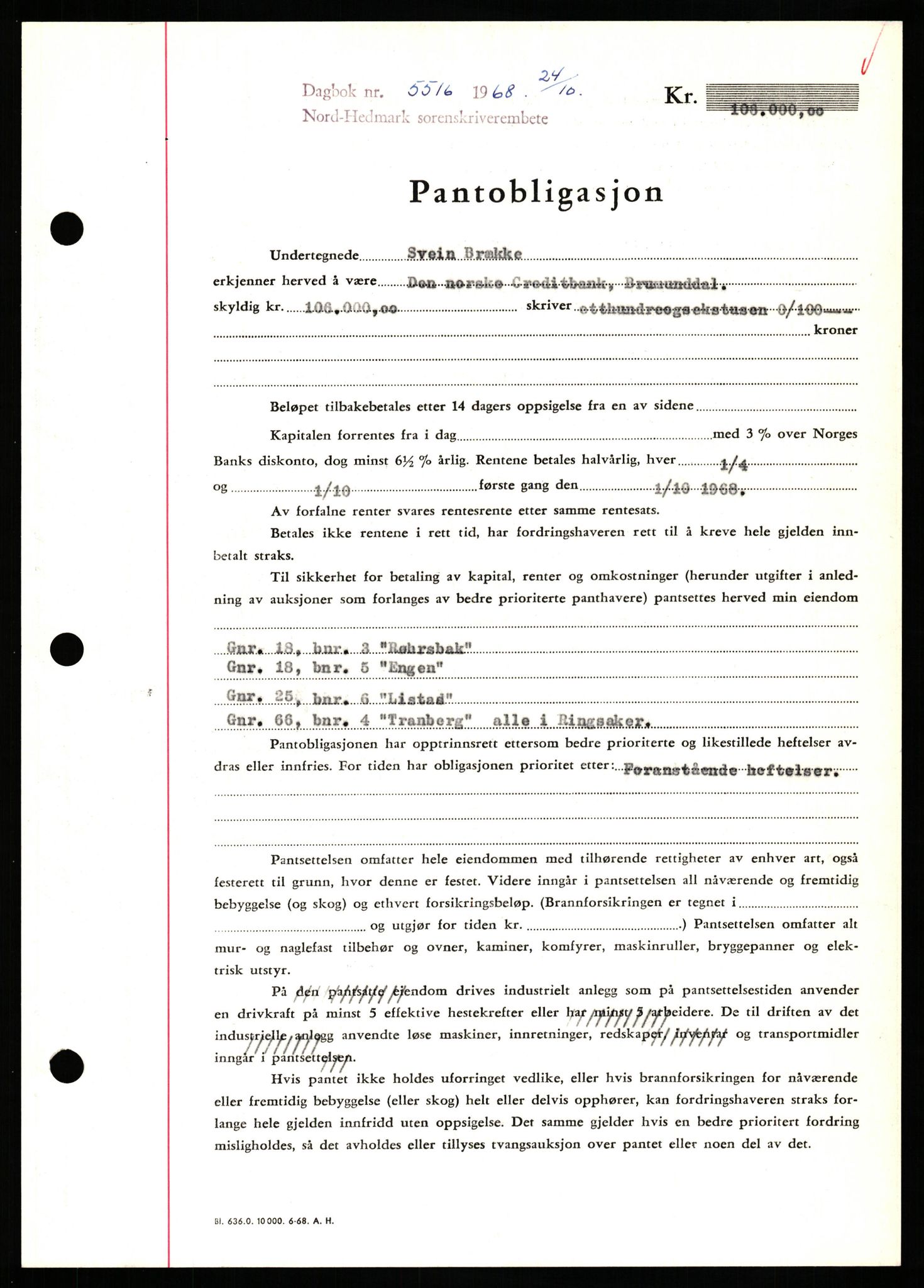 Nord-Hedmark sorenskriveri, SAH/TING-012/H/Hb/Hbf/L0077: Mortgage book no. B77, 1968-1969, Diary no: : 5516/1968