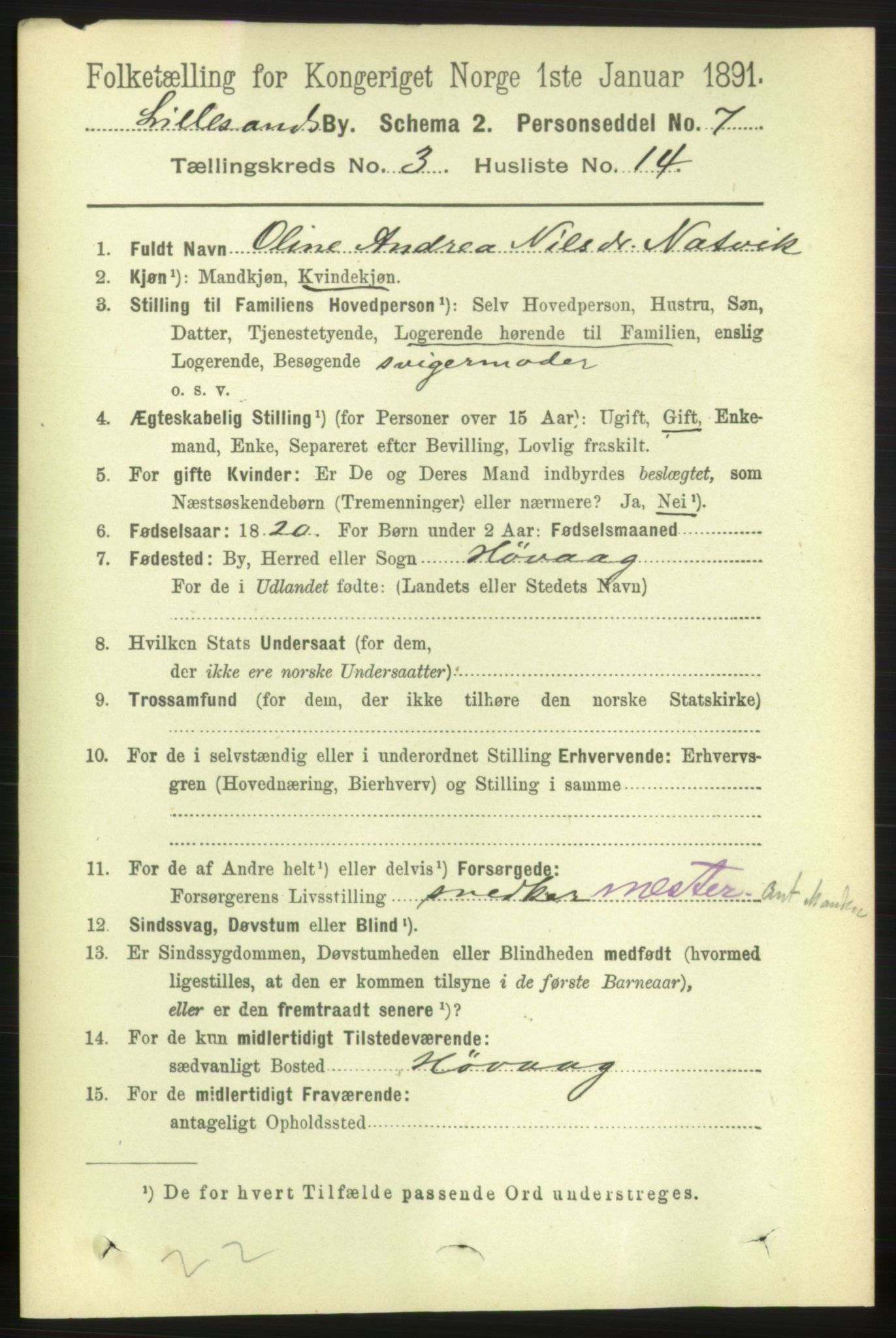 RA, 1891 census for 0905 Lillesand, 1891, p. 775