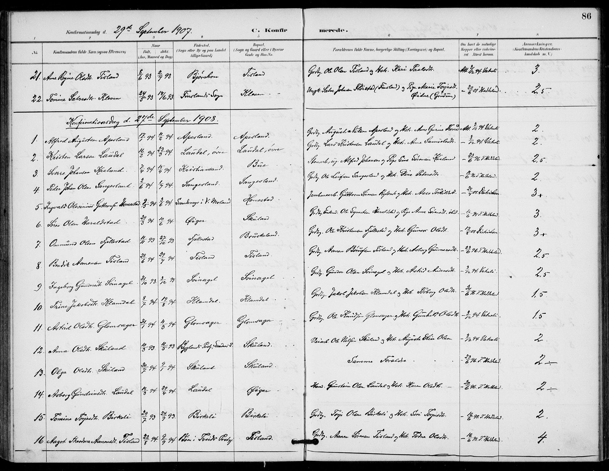 Holum sokneprestkontor, AV/SAK-1111-0022/F/Fa/Fab/L0007: Parish register (official) no. A 7, 1887-1912, p. 86