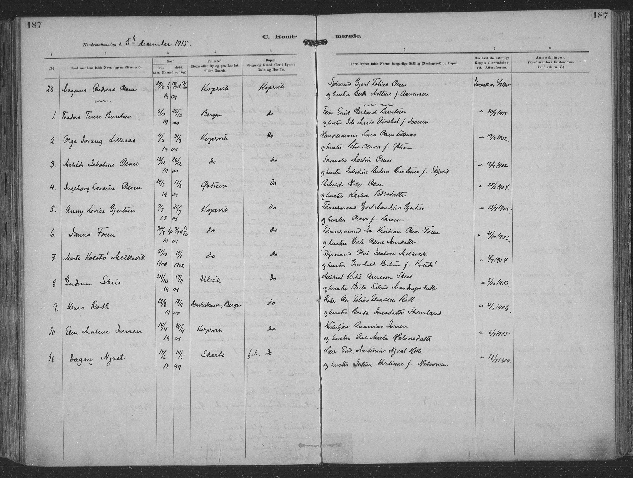 Kopervik sokneprestkontor, AV/SAST-A-101850/H/Ha/Haa/L0001: Parish register (official) no. A 1, 1880-1919, p. 187