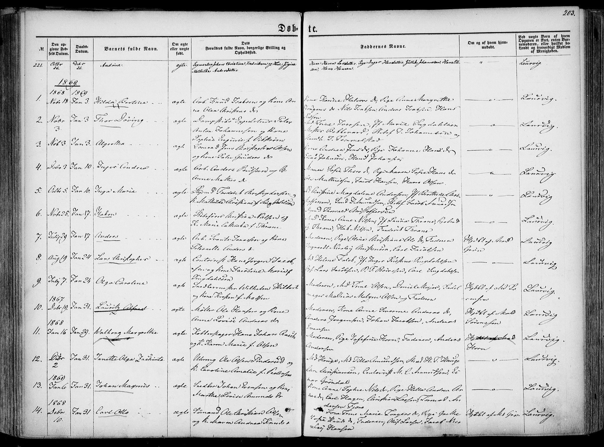 Larvik kirkebøker, SAKO/A-352/F/Fa/L0004: Parish register (official) no. I 4, 1856-1870, p. 203