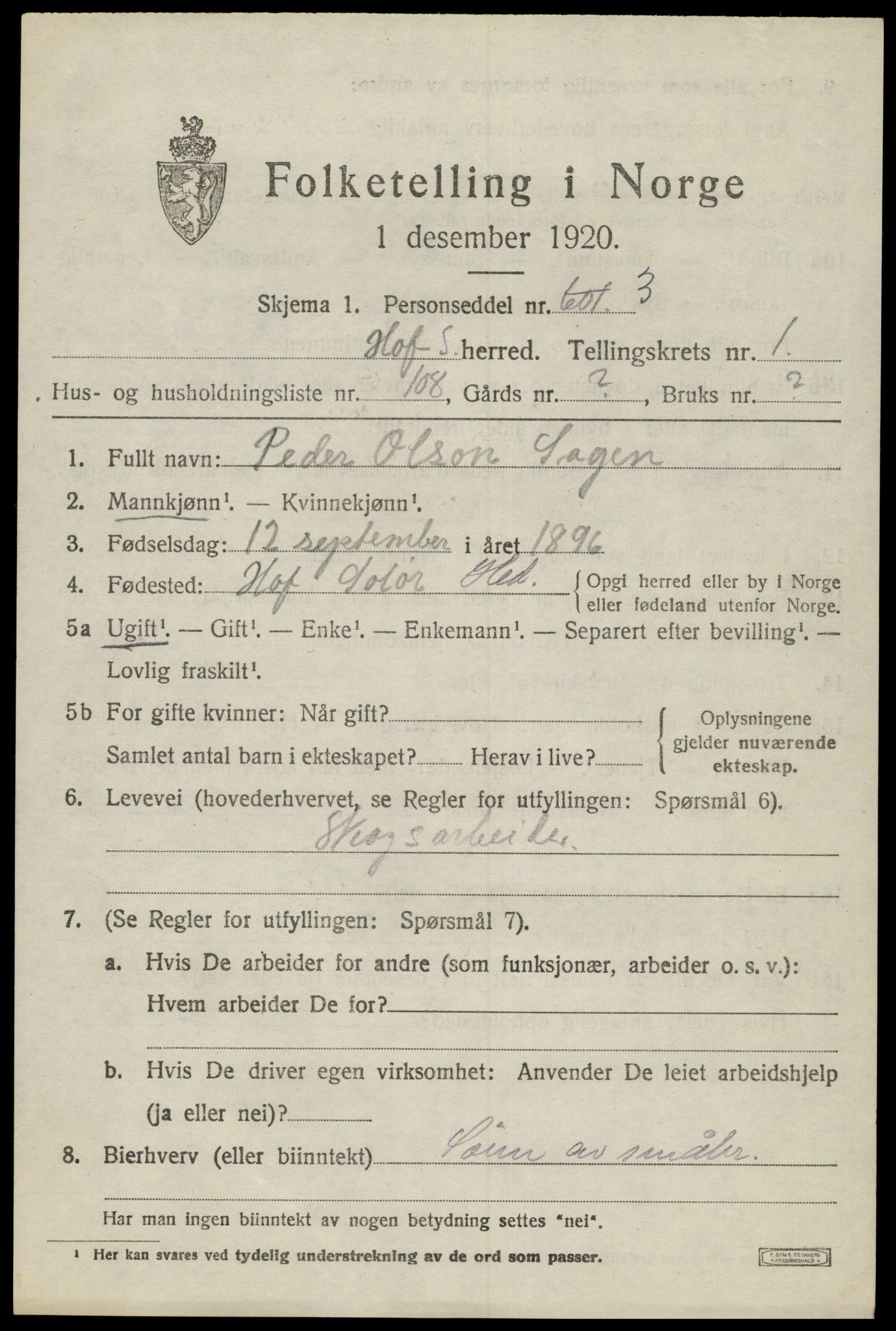 SAH, 1920 census for Hof, 1920, p. 2503