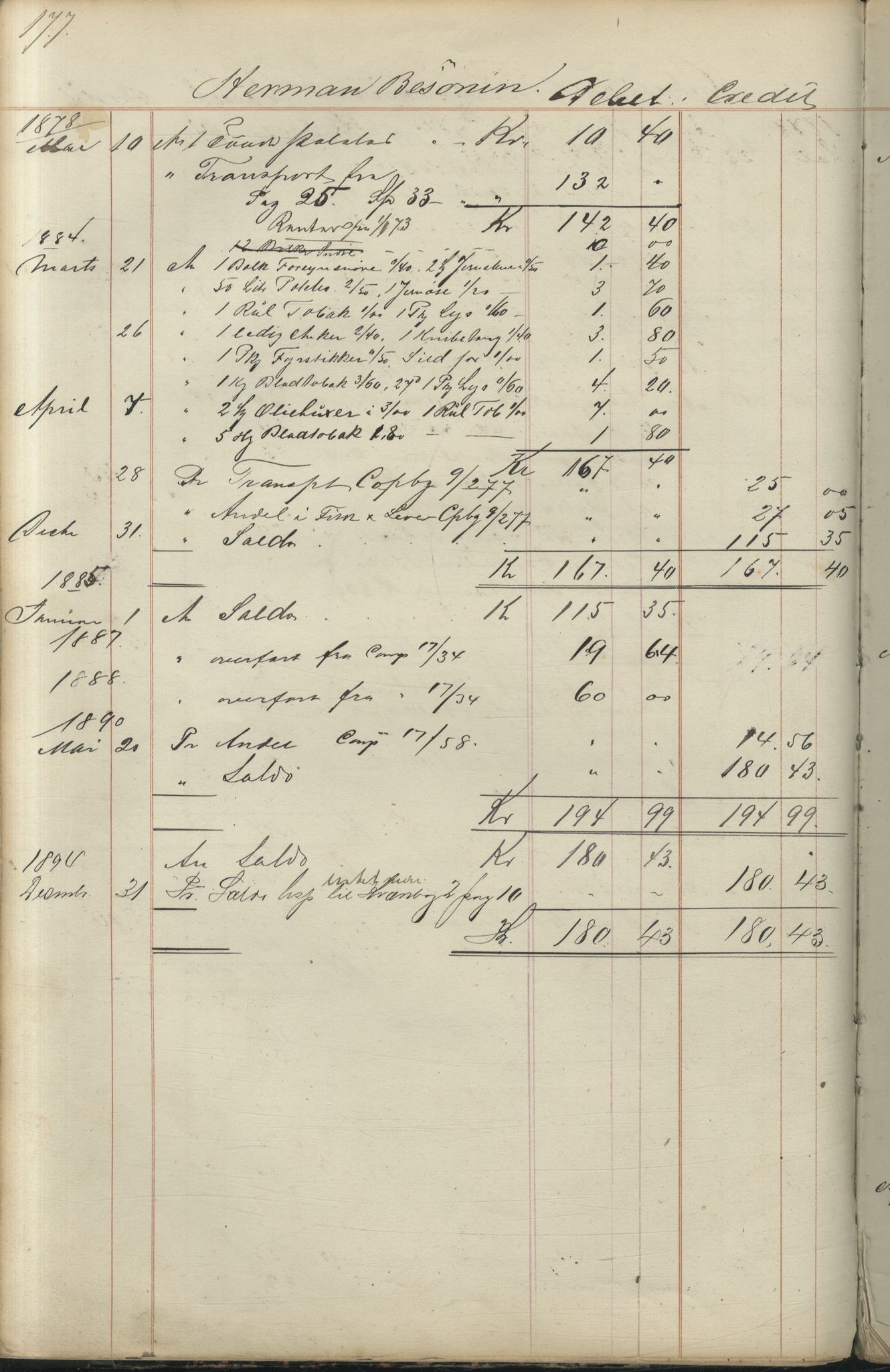 Brodtkorb handel A/S, VAMU/A-0001/F/Fc/L0001/0001: Konto for kvener og nordmenn på Kolahalvøya  / Conto for Kvæner og Nordmænd paa Russefinmarken No 1, 1868-1894, p. 177