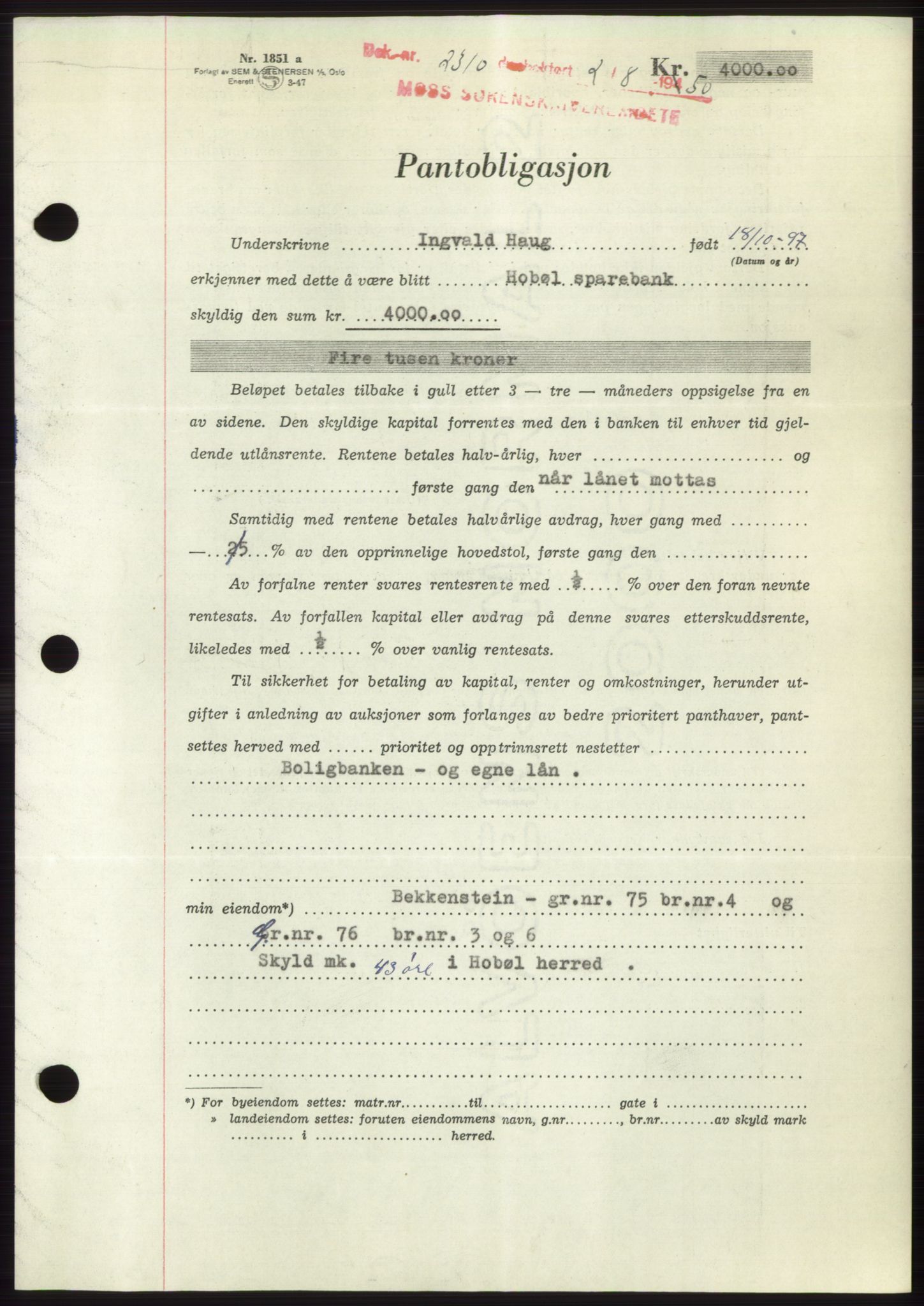 Moss sorenskriveri, AV/SAO-A-10168: Mortgage book no. B24, 1950-1950, Diary no: : 2310/1950