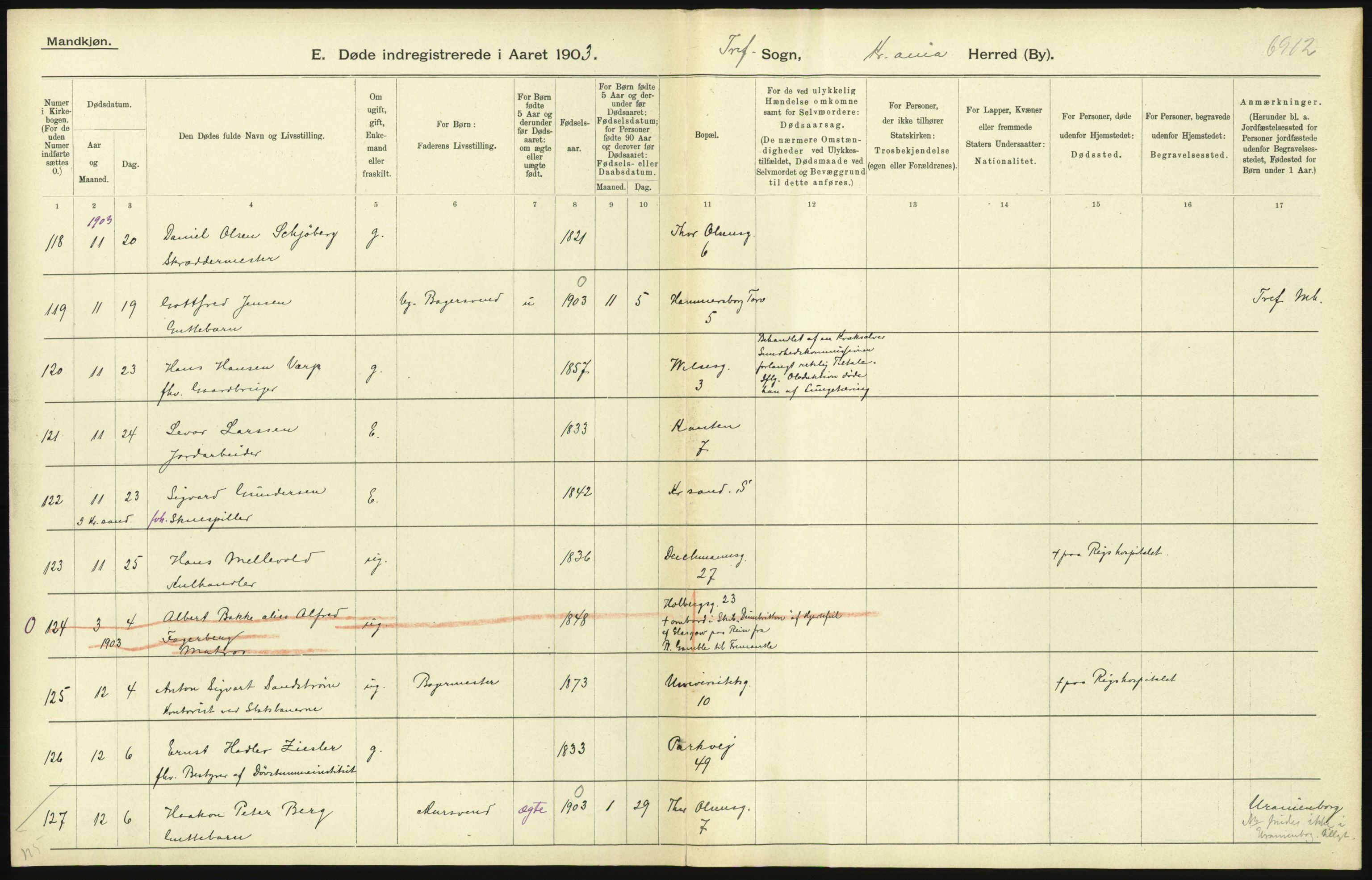 Statistisk sentralbyrå, Sosiodemografiske emner, Befolkning, AV/RA-S-2228/D/Df/Dfa/Dfaa/L0004: Kristiania: Gifte, døde, 1903, p. 127