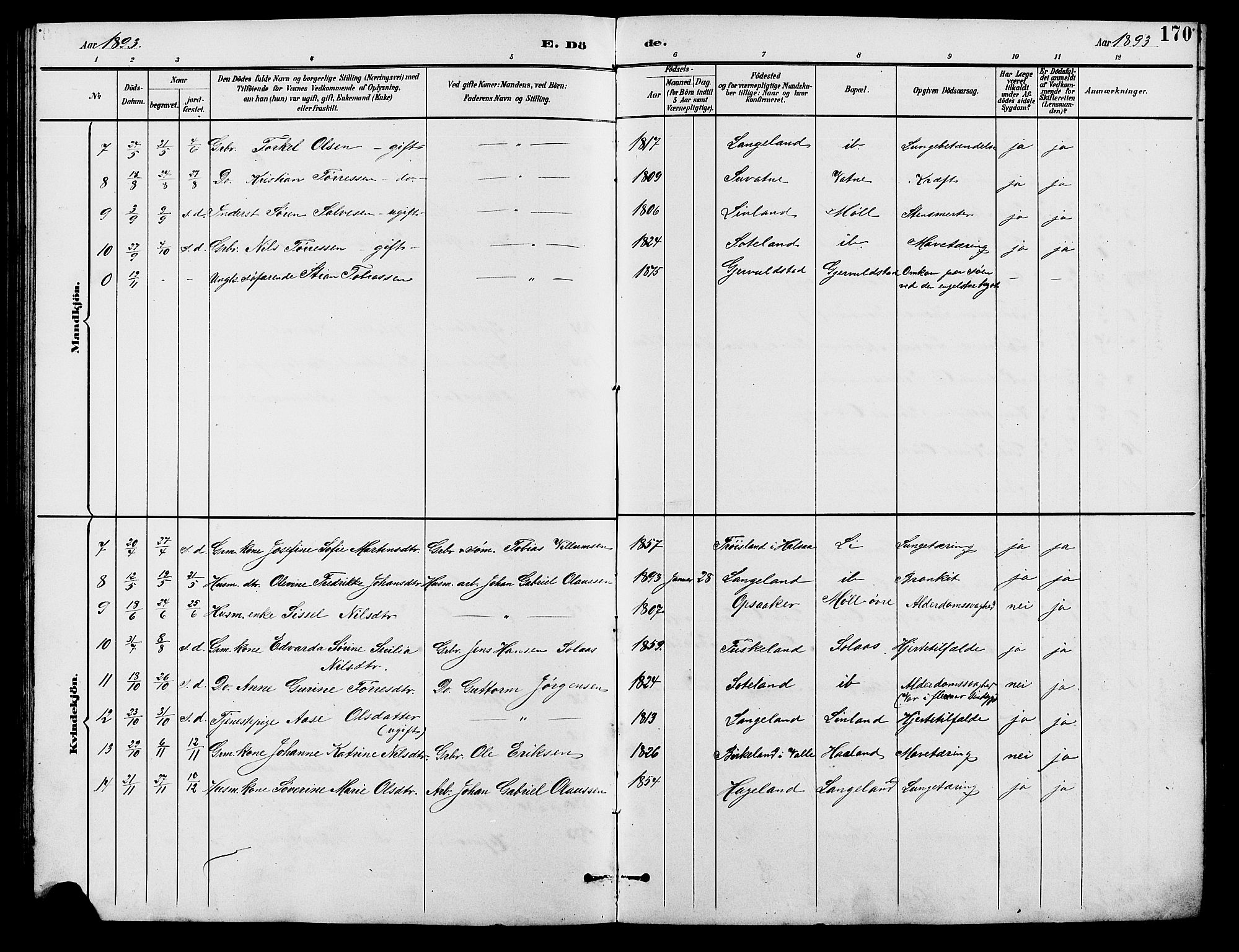 Holum sokneprestkontor, AV/SAK-1111-0022/F/Fb/Fba/L0005: Parish register (copy) no. B 5, 1891-1909, p. 170