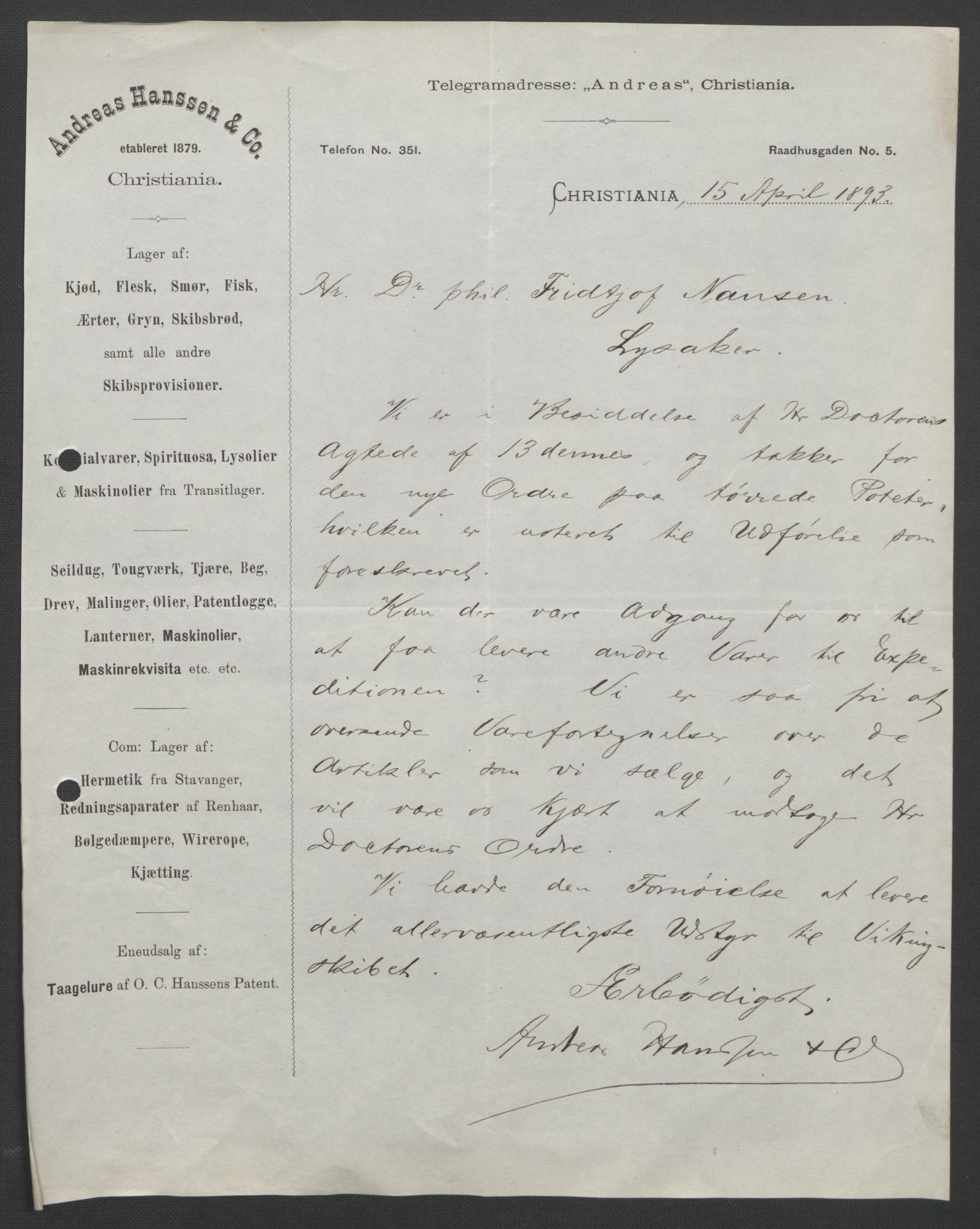 Arbeidskomitéen for Fridtjof Nansens polarekspedisjon, AV/RA-PA-0061/D/L0004: Innk. brev og telegrammer vedr. proviant og utrustning, 1892-1893, p. 665