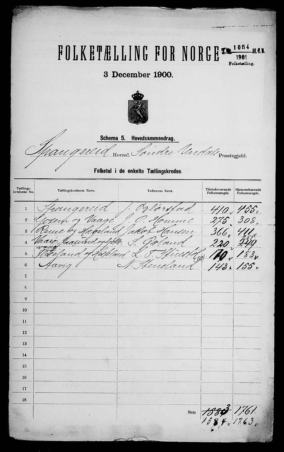 SAK, 1900 census for Spangereid, 1900, p. 2