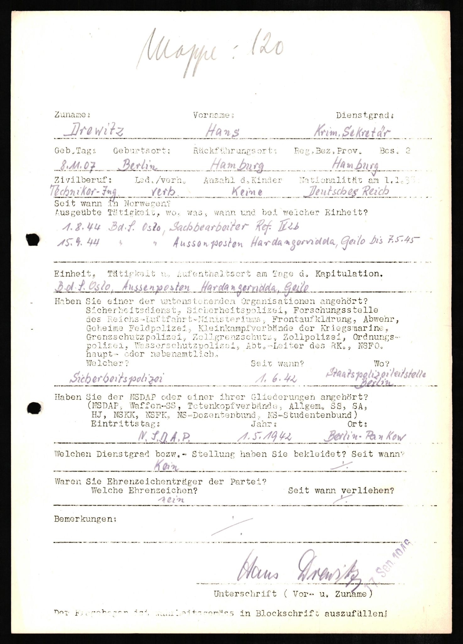 Forsvaret, Forsvarets overkommando II, RA/RAFA-3915/D/Db/L0006: CI Questionaires. Tyske okkupasjonsstyrker i Norge. Tyskere., 1945-1946, p. 241