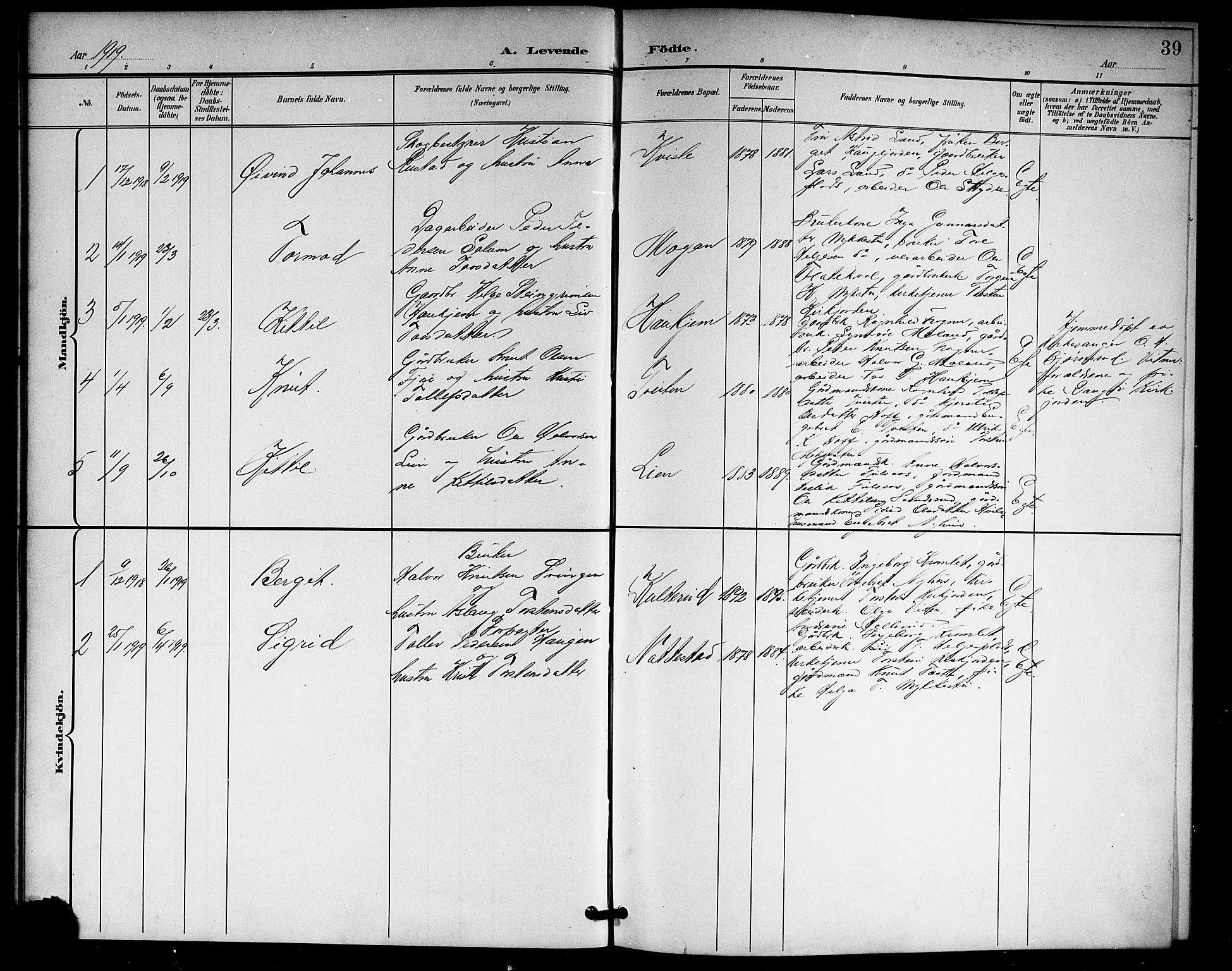 Rollag kirkebøker, SAKO/A-240/G/Gb/L0003: Parish register (copy) no. II 3, 1897-1919, p. 39