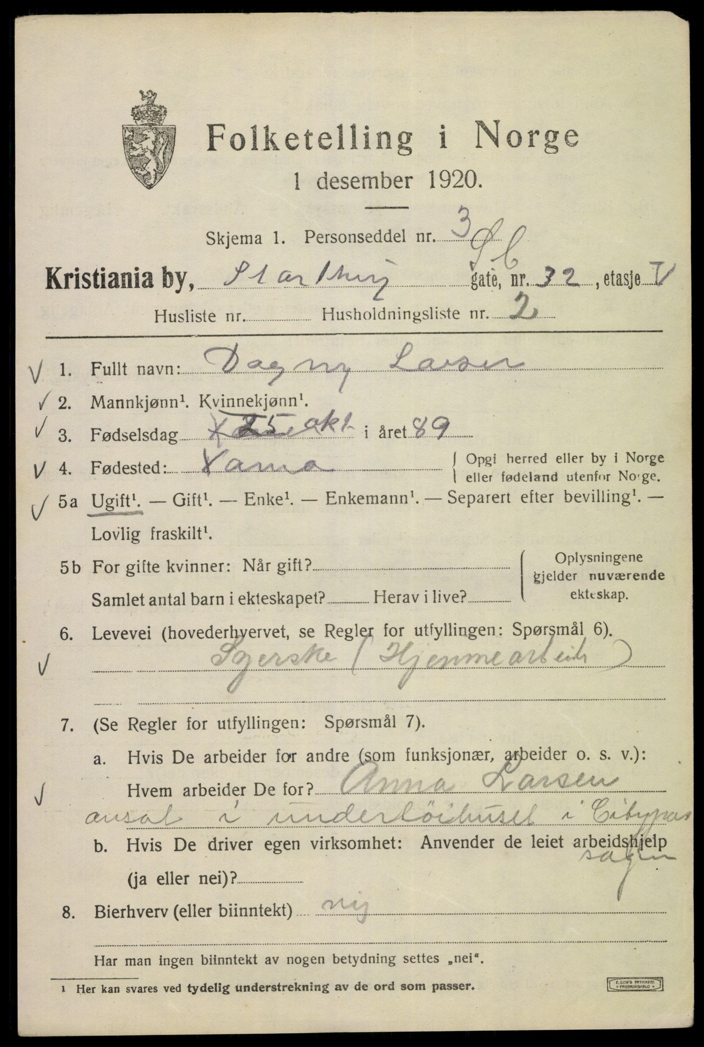 SAO, 1920 census for Kristiania, 1920, p. 550831