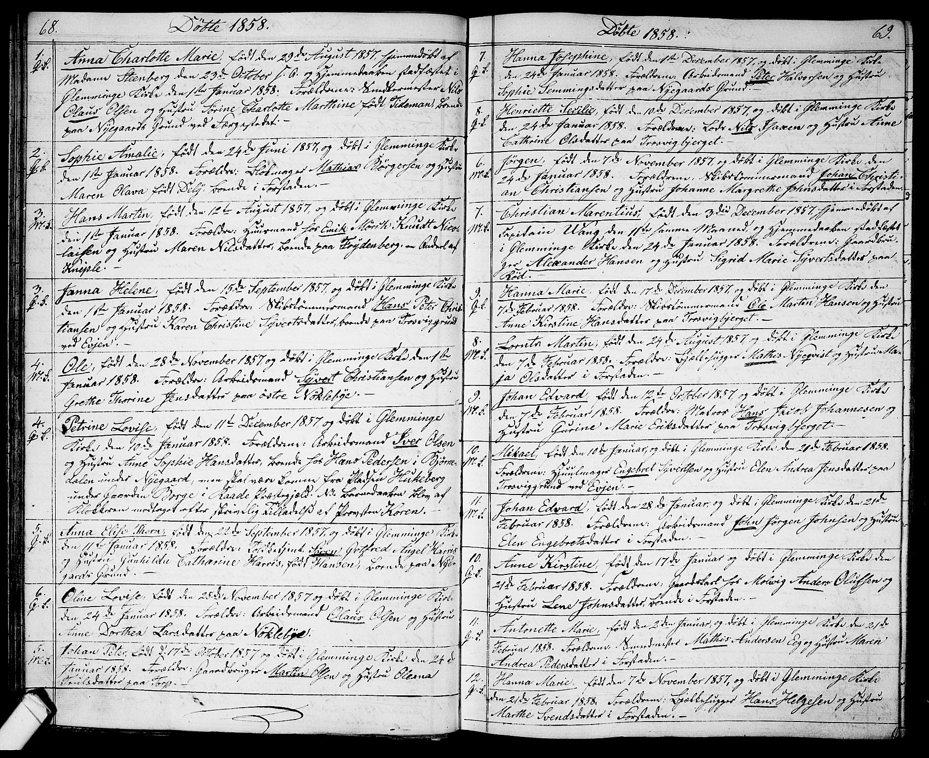 Glemmen prestekontor Kirkebøker, AV/SAO-A-10908/G/Ga/L0003: Parish register (copy) no. 3, 1852-1866, p. 68-69