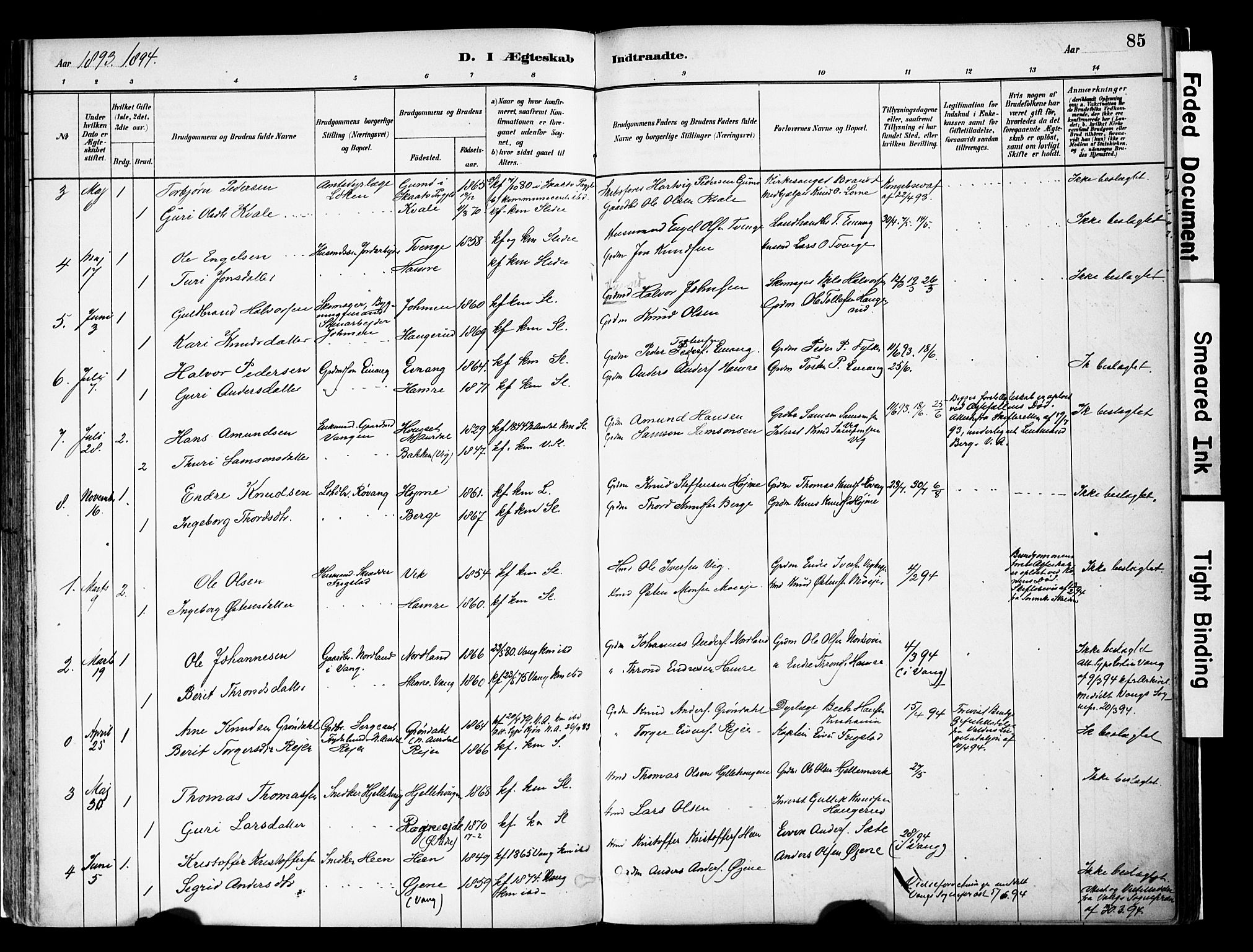 Vestre Slidre prestekontor, SAH/PREST-136/H/Ha/Haa/L0004: Parish register (official) no. 4, 1881-1911, p. 85