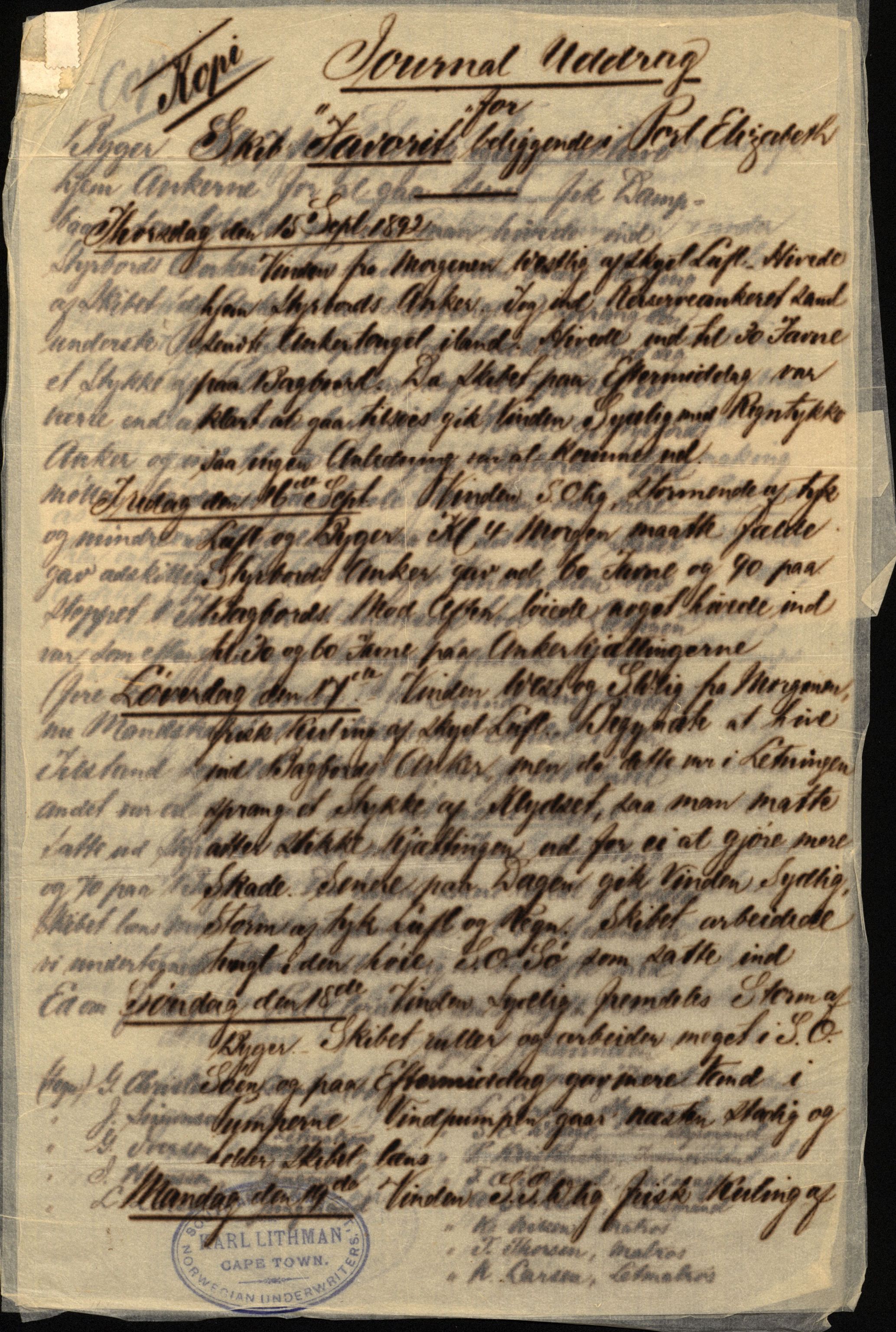 Pa 63 - Østlandske skibsassuranceforening, VEMU/A-1079/G/Ga/L0028/0002: Havaridokumenter / Marie, Favorit, Tabor, Sylphiden, Berthel, America, 1892, p. 36