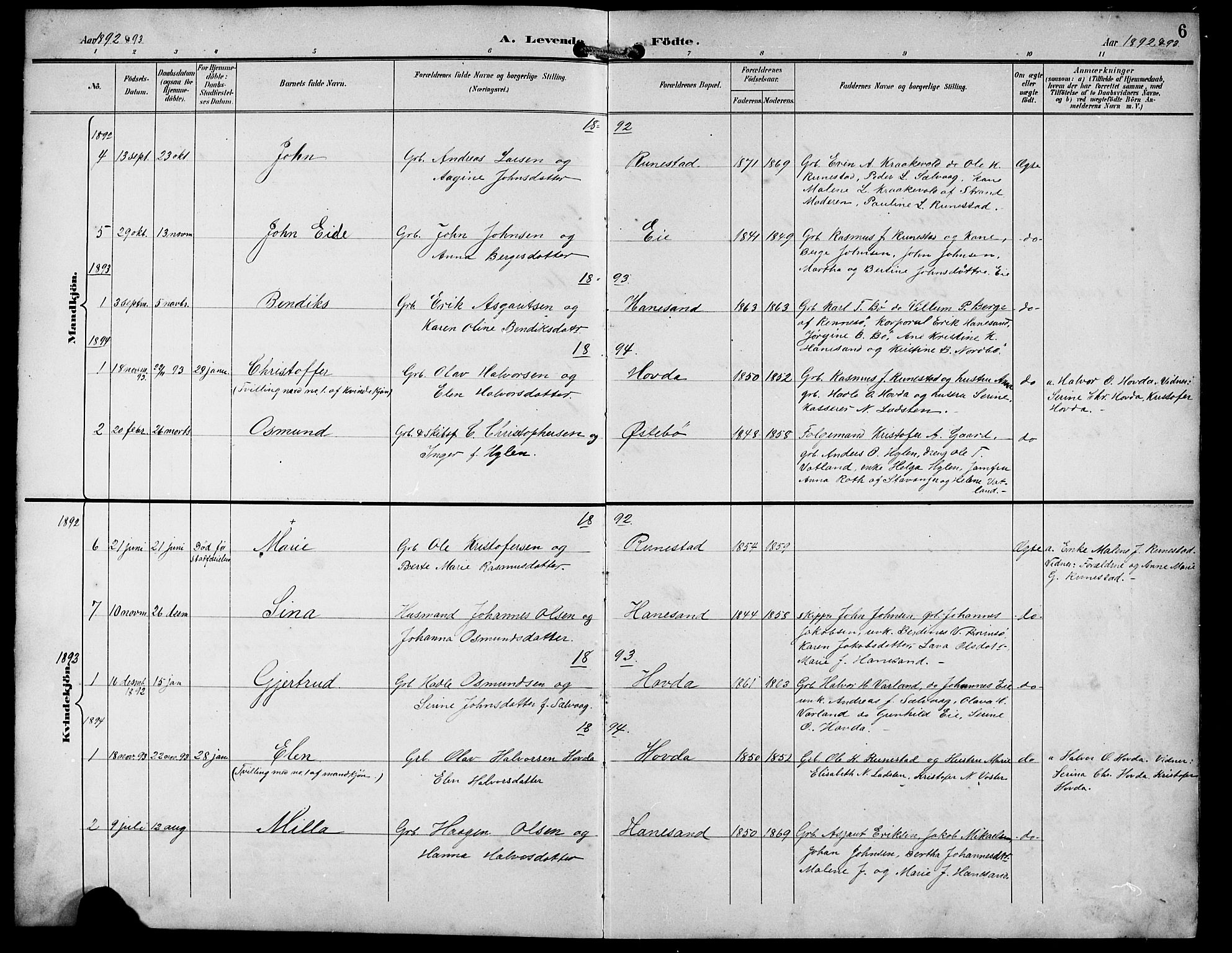 Finnøy sokneprestkontor, SAST/A-101825/H/Ha/Hab/L0005: Parish register (copy) no. B 5, 1891-1916, p. 6