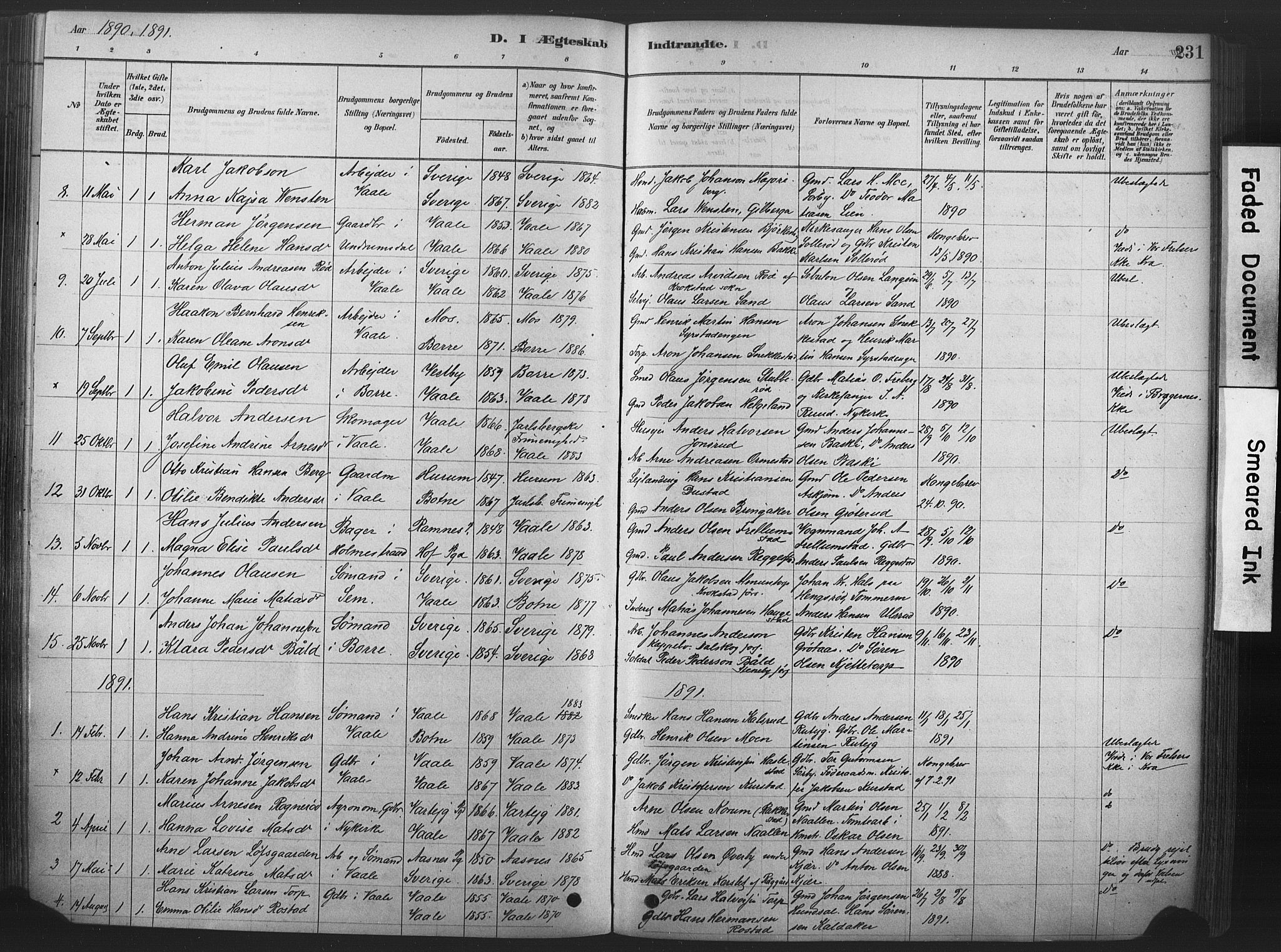 Våle kirkebøker, SAKO/A-334/F/Fa/L0011: Parish register (official) no. I 11, 1878-1906, p. 231