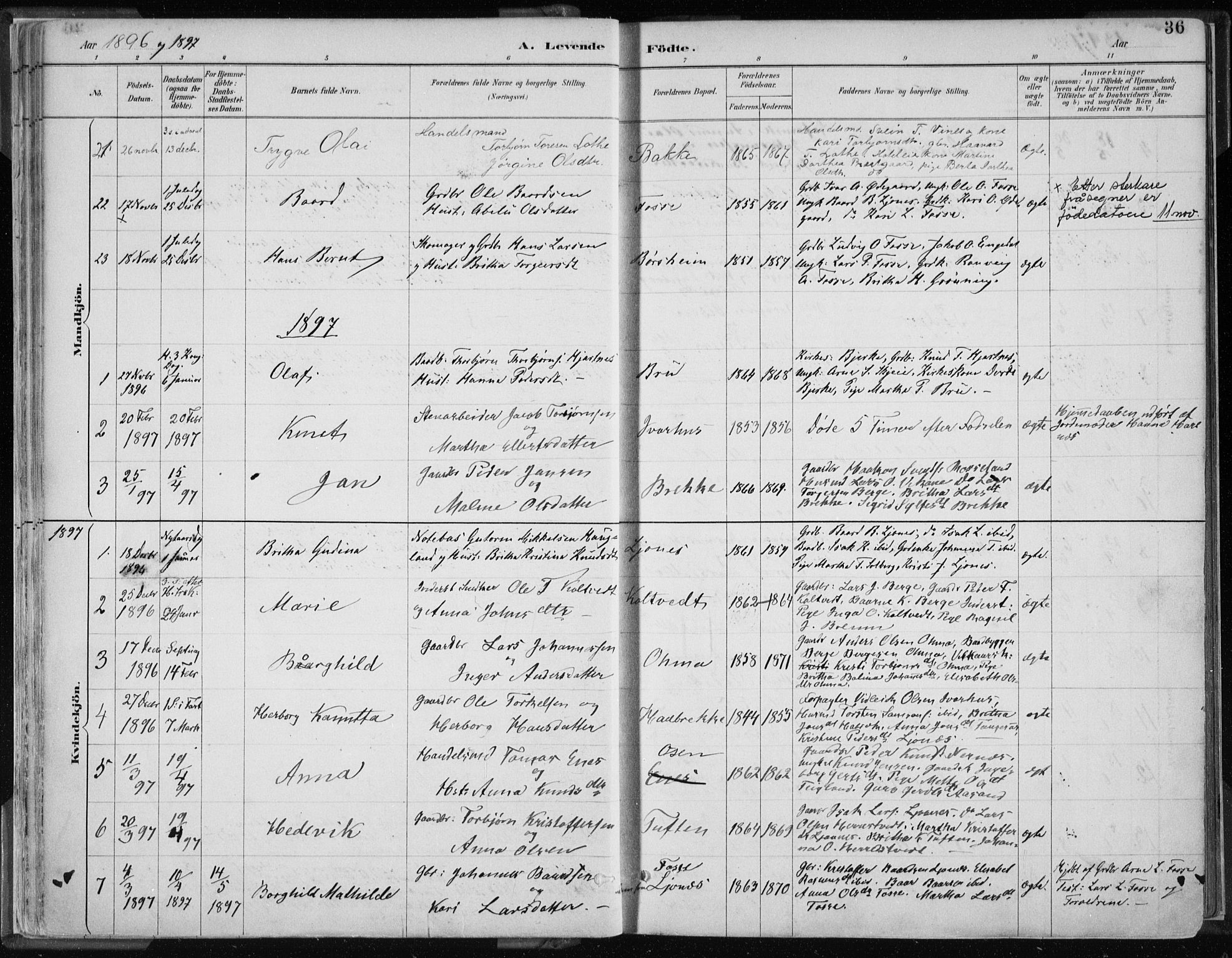 Strandebarm sokneprestembete, AV/SAB-A-78401/H/Haa: Parish register (official) no. B  1, 1886-1908, p. 36