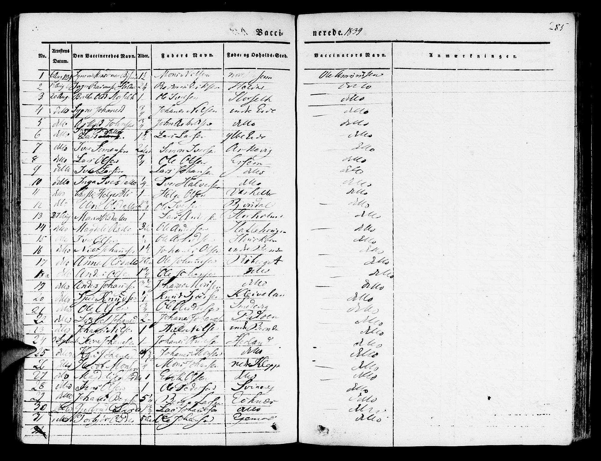 Hosanger sokneprestembete, SAB/A-75801/H/Haa: Parish register (official) no. A 7, 1835-1848, p. 285